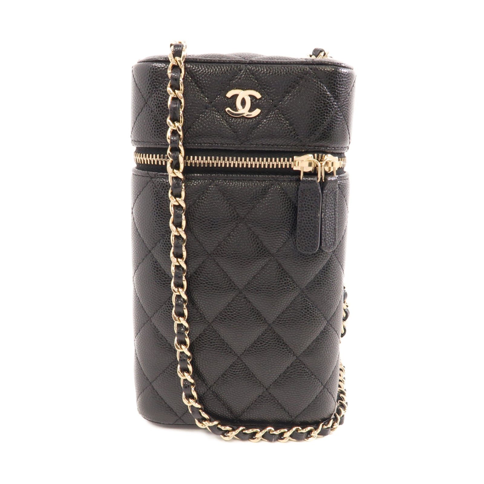 CHANEL 菱格牛皮皮革Chain Shoulder Bag金扣鏈帶肩背袋黑色