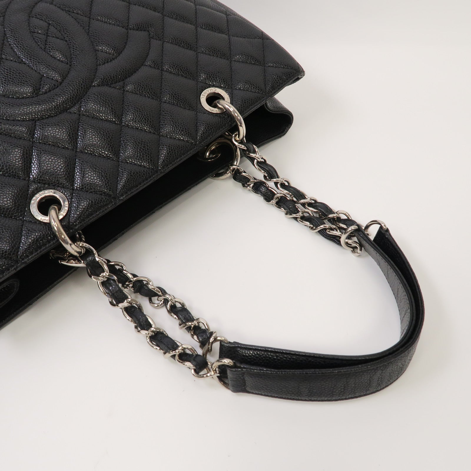 CHANEL 菱格Caviar皮革Grand Shopping Tote Bag銀扣肩背袋黑色