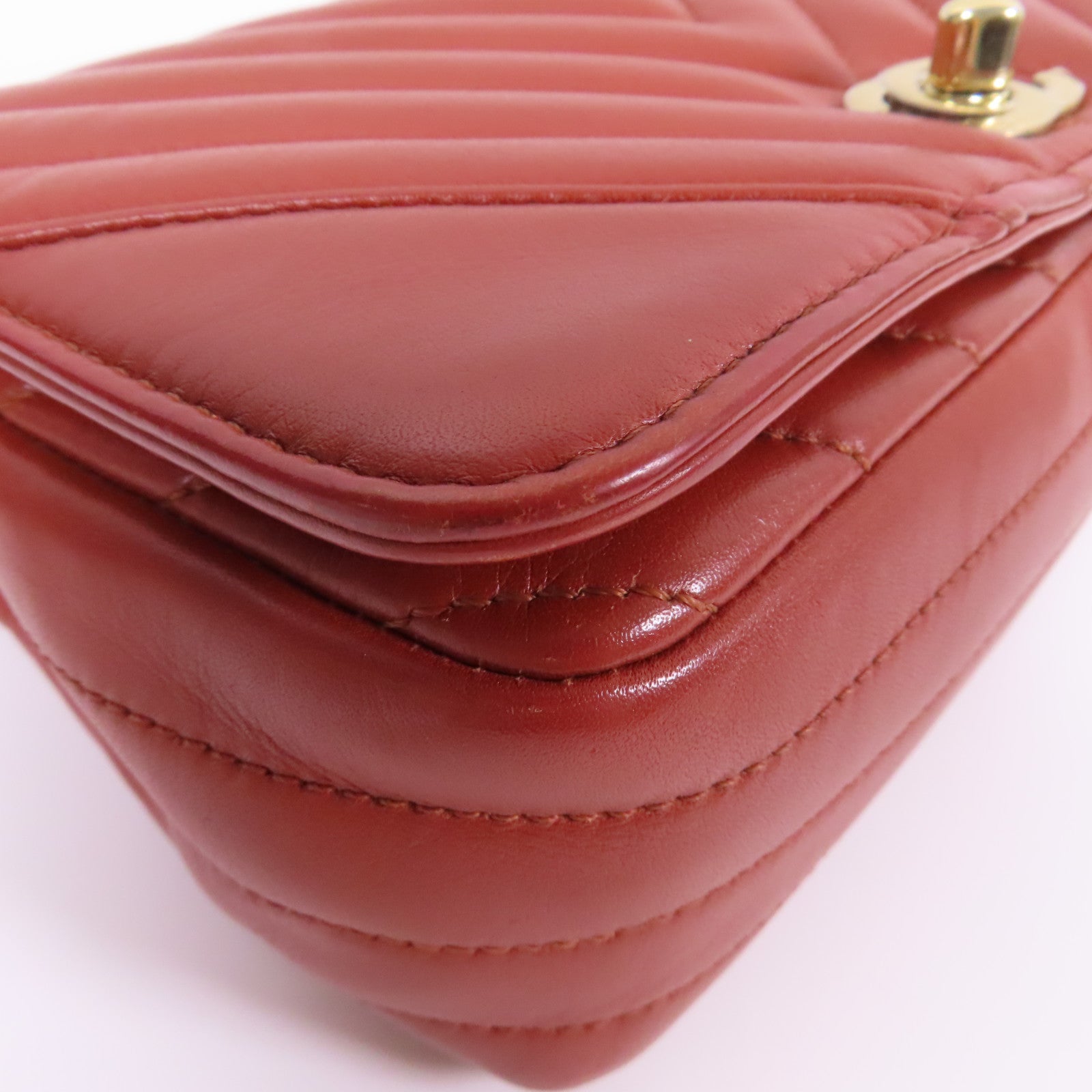 CHANEL 【激減優惠】斜紋牛皮皮革Chain Shoulder金扣鏈帶肩背袋紅色