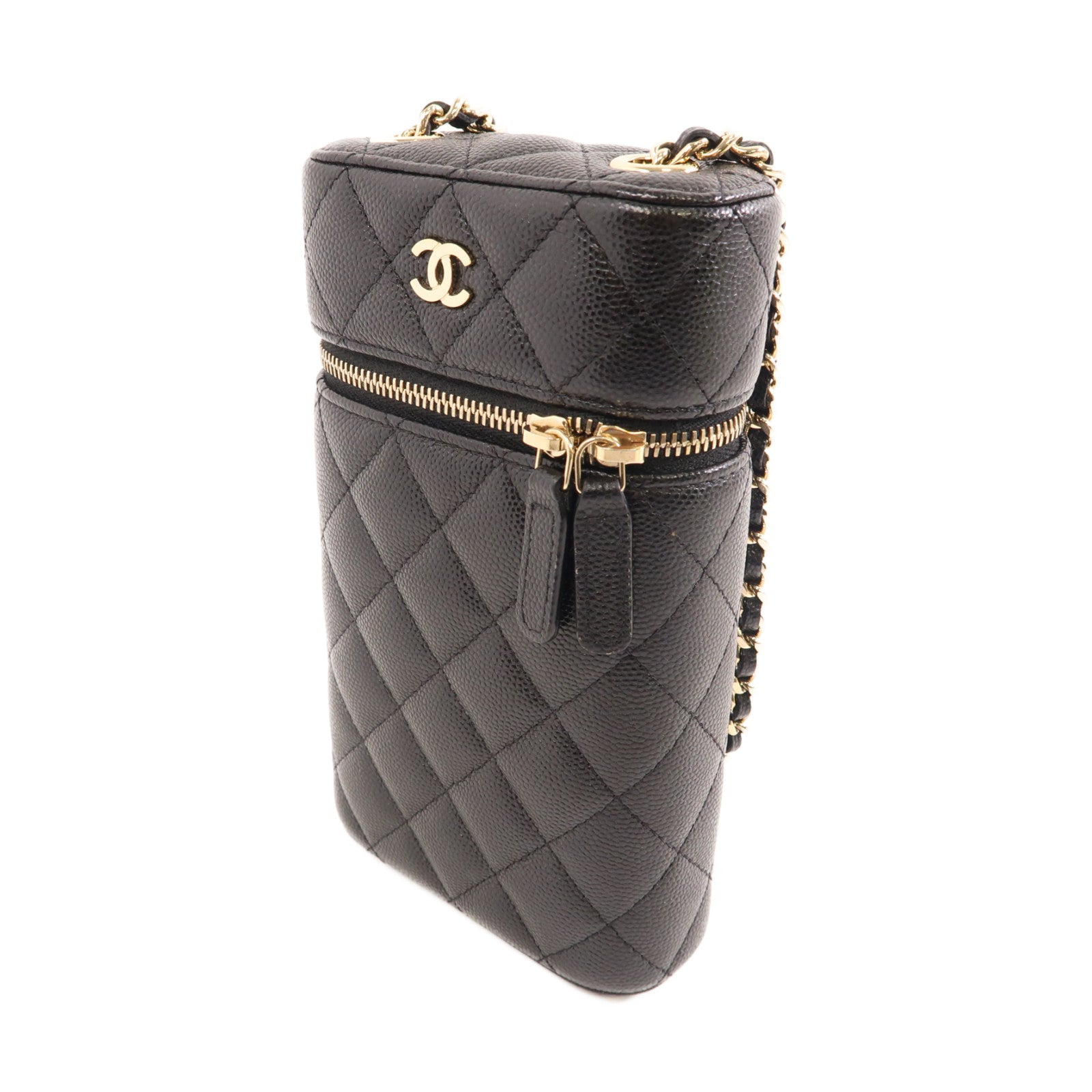 CHANEL 菱格牛皮皮革Chain Shoulder Bag金扣鏈帶肩背袋黑色
