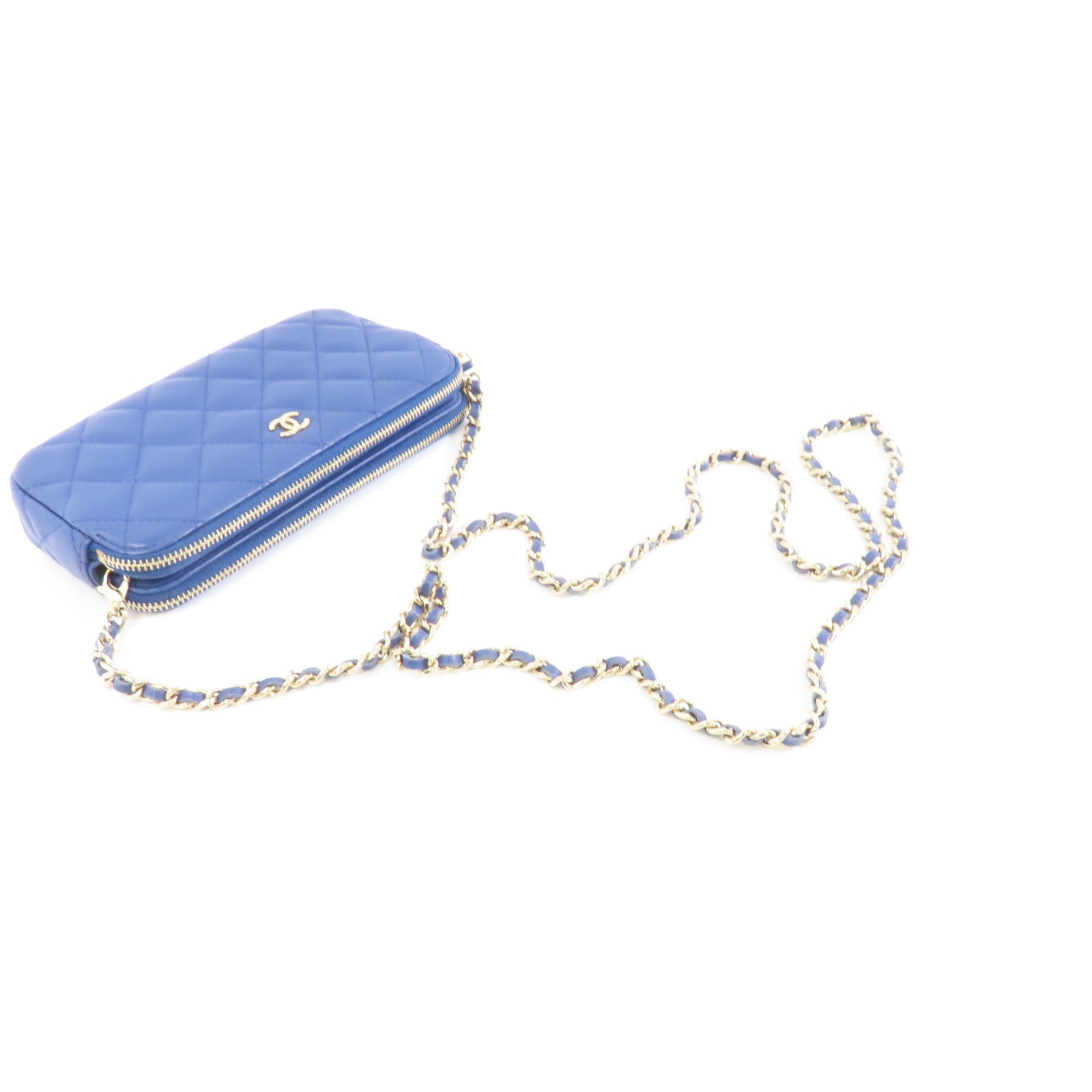 CHANEL 【激減優惠】菱格皮革Wallet On Chain金扣鏈帶肩背袋藍色