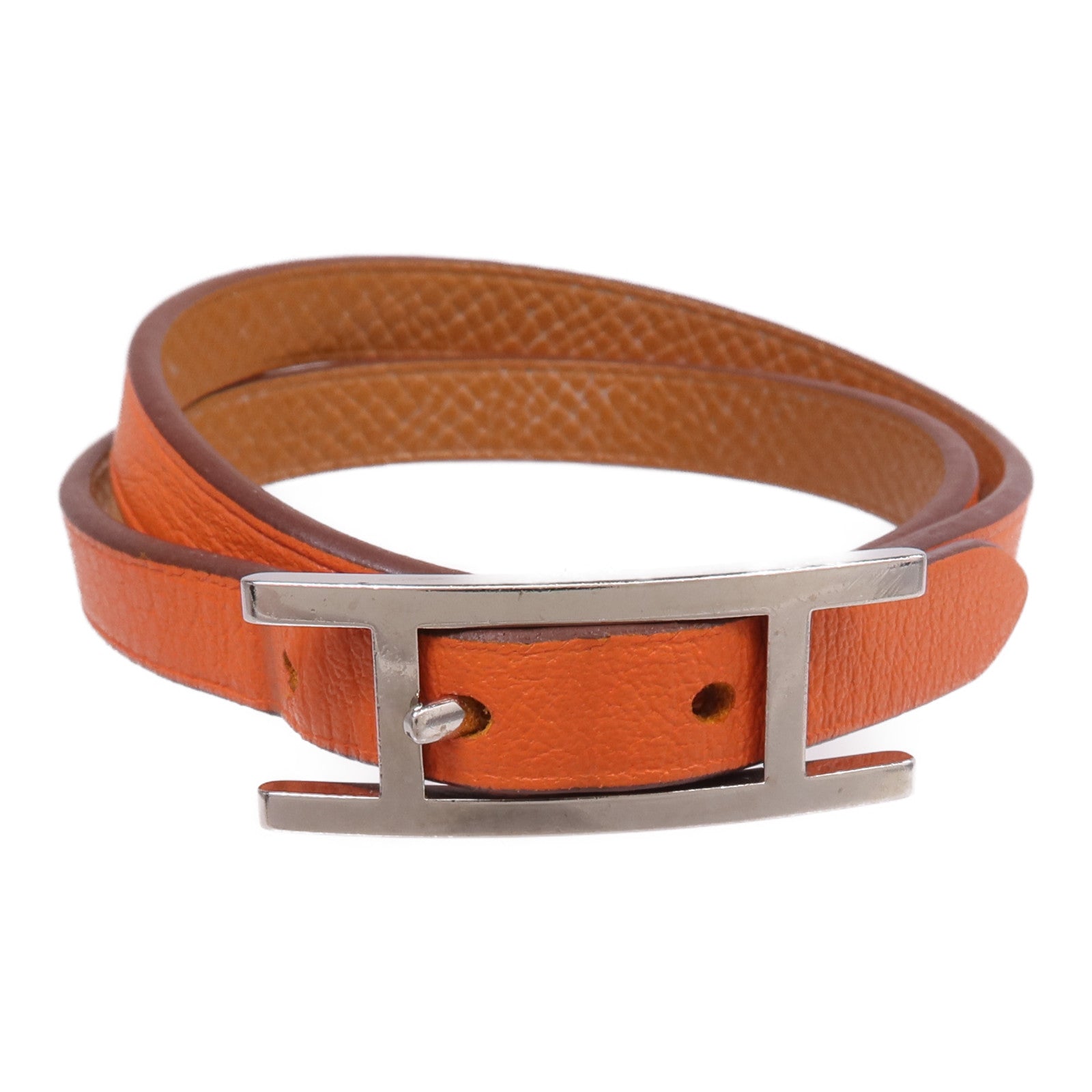 HERMES Swift皮革Behapi Double Tour Bracelet銀扣手帶Orange/Gold
