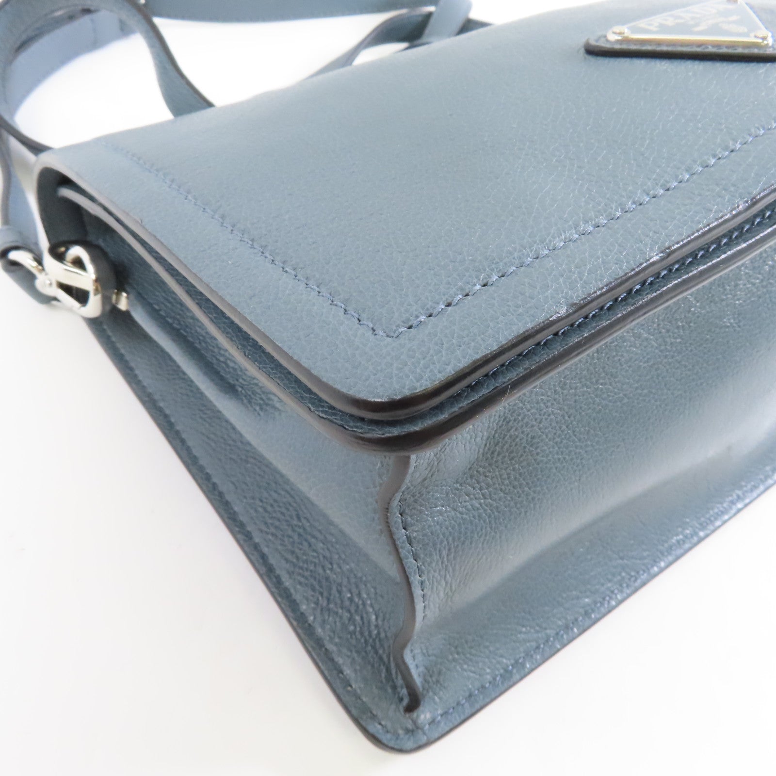 PRADA 牛皮皮革Shoulder Bag銀扣肩背袋藍色