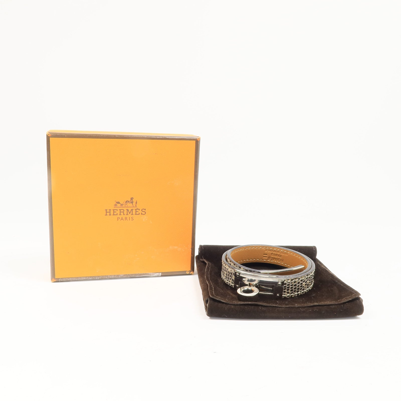 HERMES 蜥蝪皮革Kelly Double Tour Bracelet銀扣手鏈