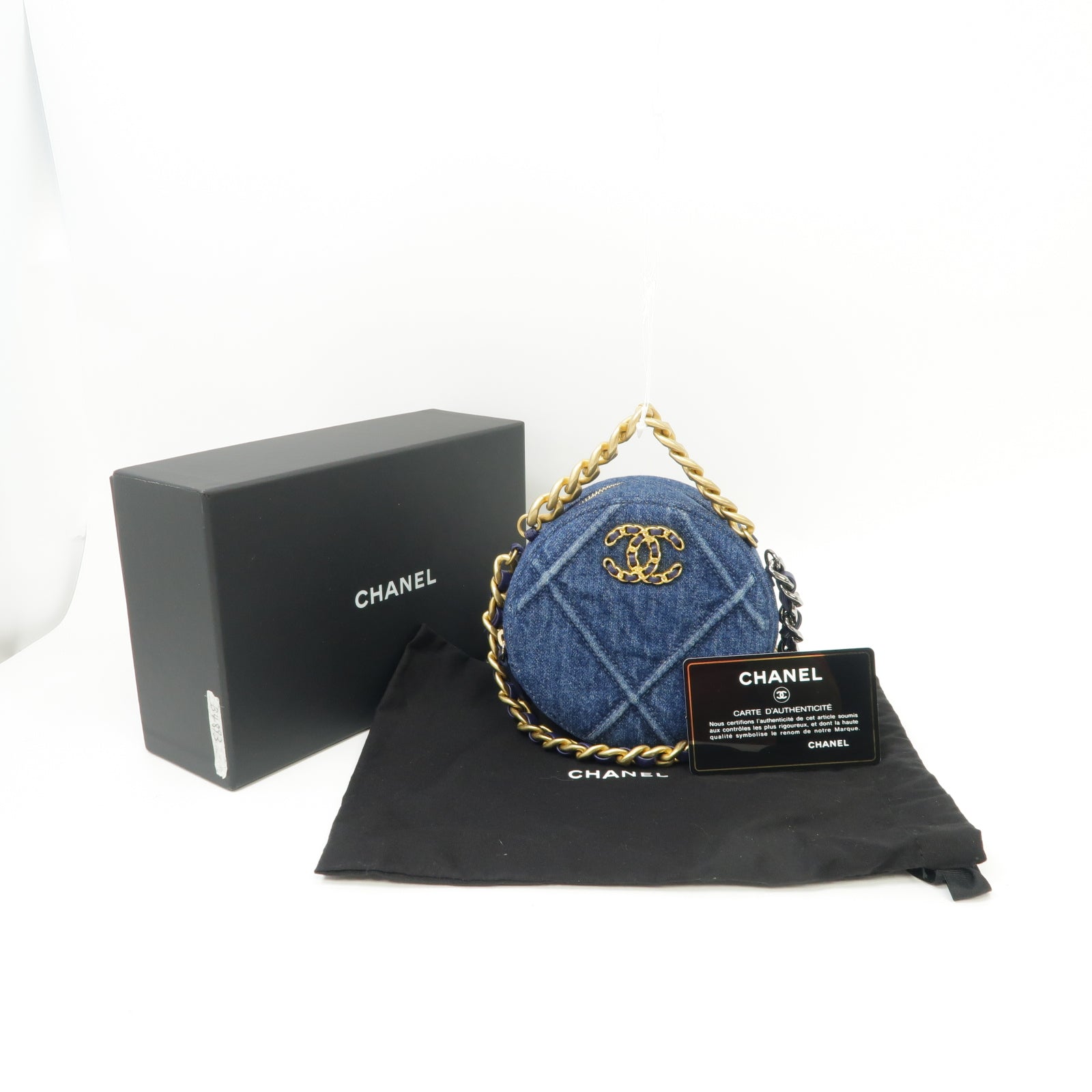 CHANEL 牛仔布Round Clutch 19 2 Way Chain Shoulder金扣/銀扣鏈帶手挽肩背兩用袋藍色