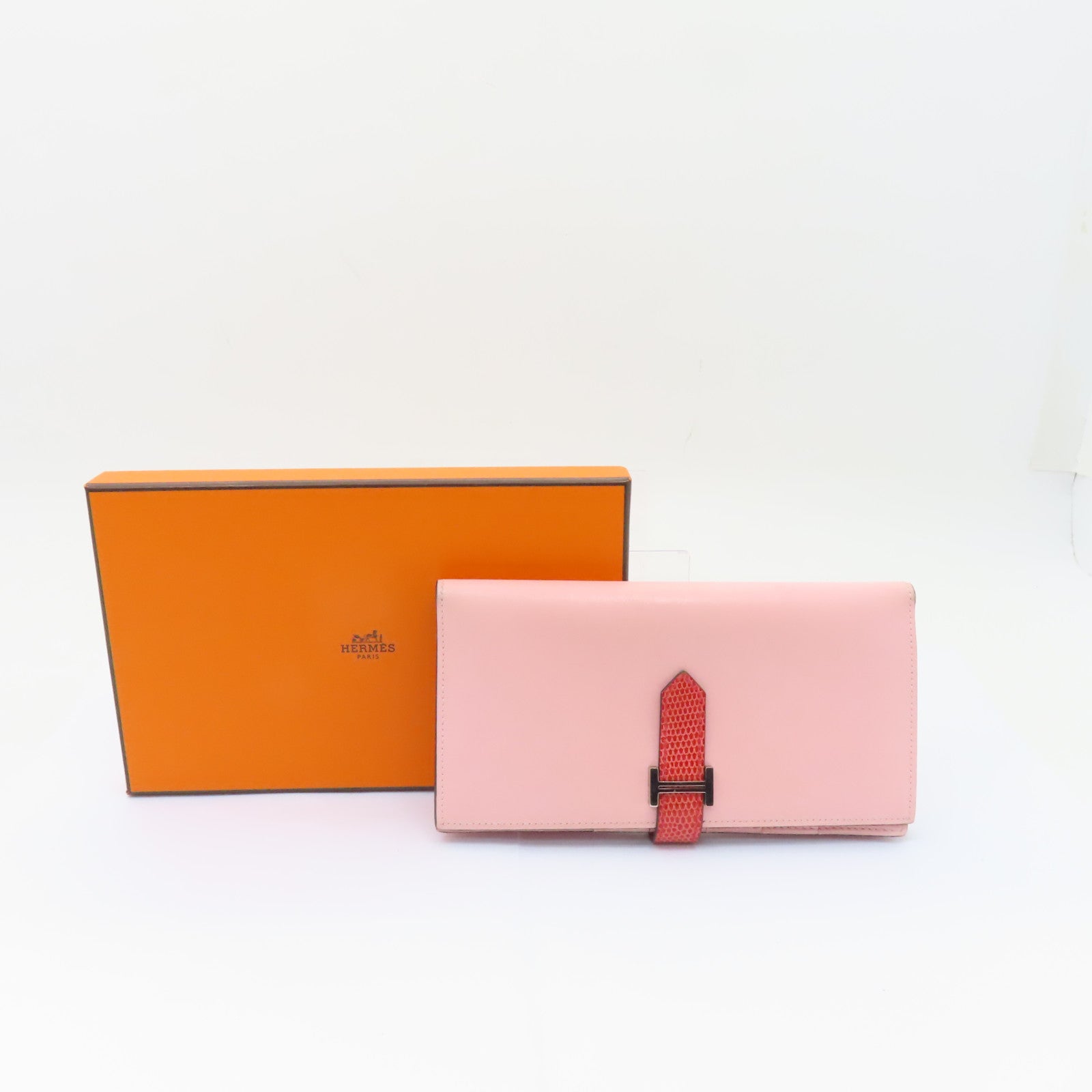 HERMES **【清倉大減價】蜥蝪/牛皮皮革Bearn W Snap銀扣長錢包Rose Sakura粉紅色