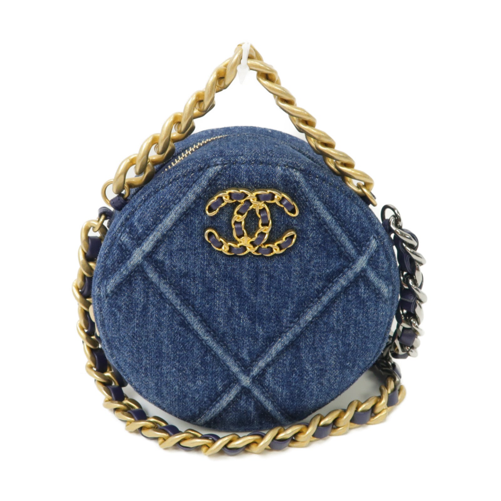 CHANEL 牛仔布Round Clutch 19 2 Way Chain Shoulder金扣/銀扣鏈帶手挽肩背兩用袋藍色