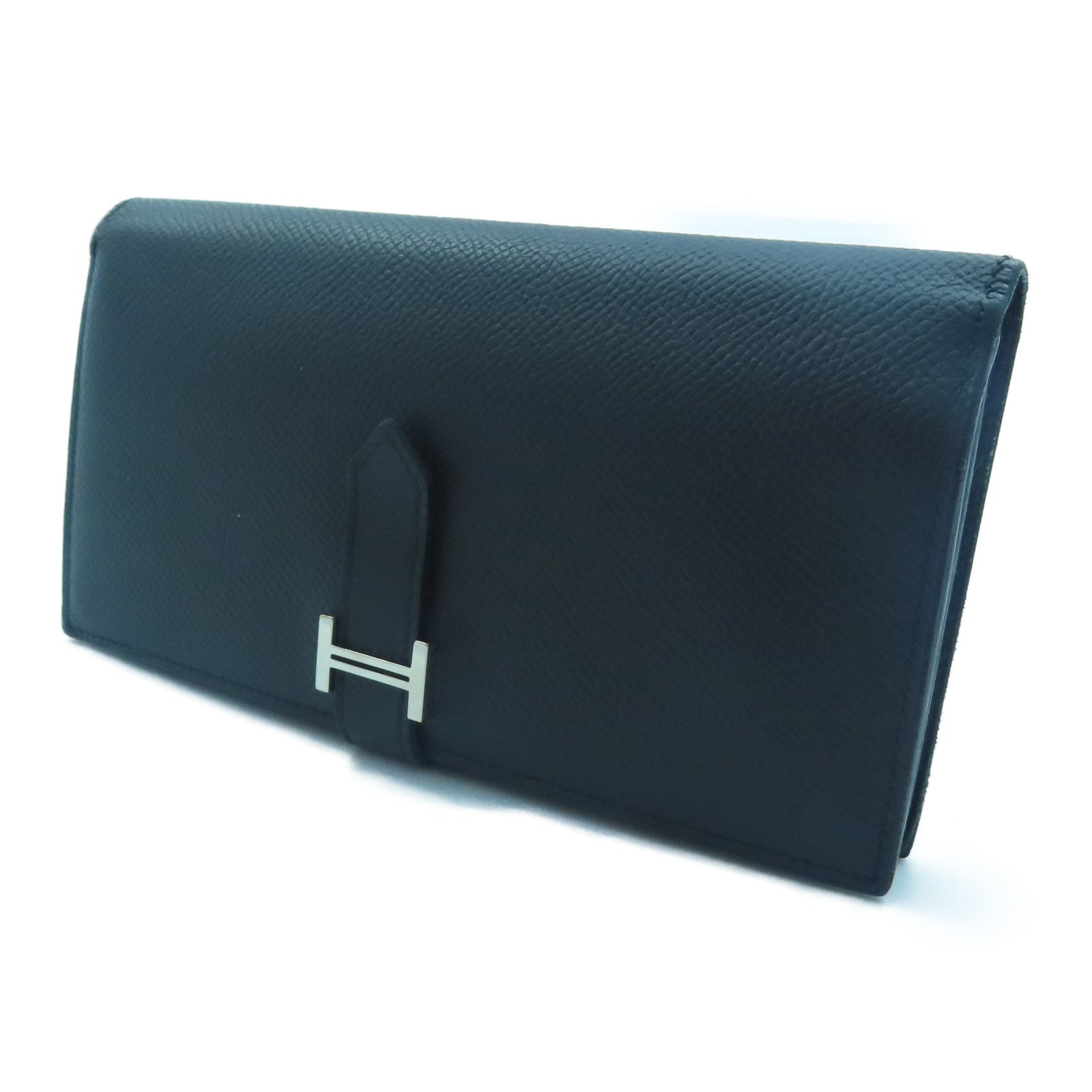 HERMES 【激減優惠】Epsom皮革Bearn W Snap銀扣長錢包Noir/黑色
