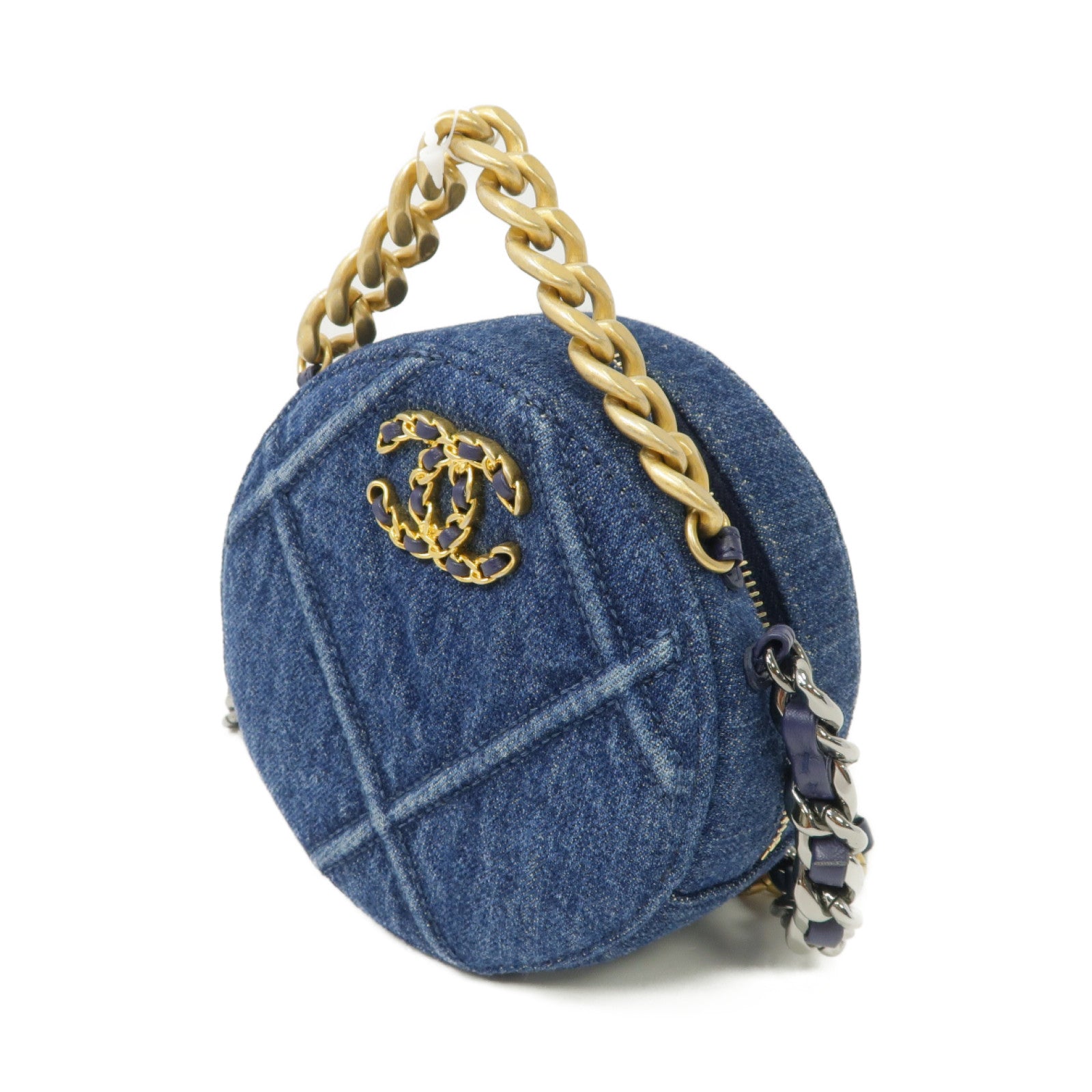 CHANEL 牛仔布Round Clutch 19 2 Way Chain Shoulder金扣/銀扣鏈帶手挽肩背兩用袋藍色
