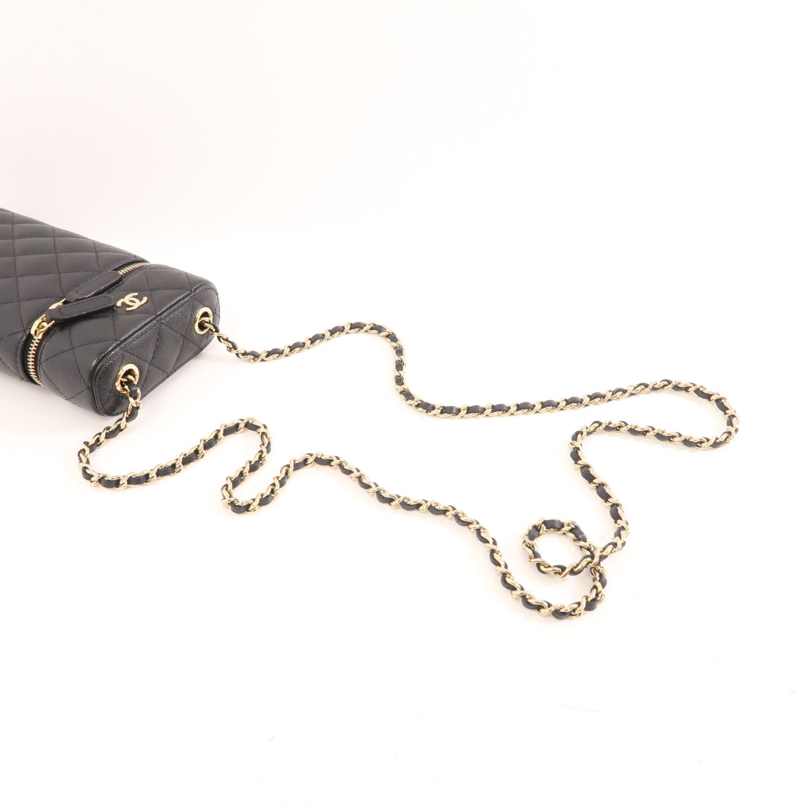 CHANEL 菱格牛皮皮革Chain Shoulder Bag金扣鏈帶肩背袋黑色