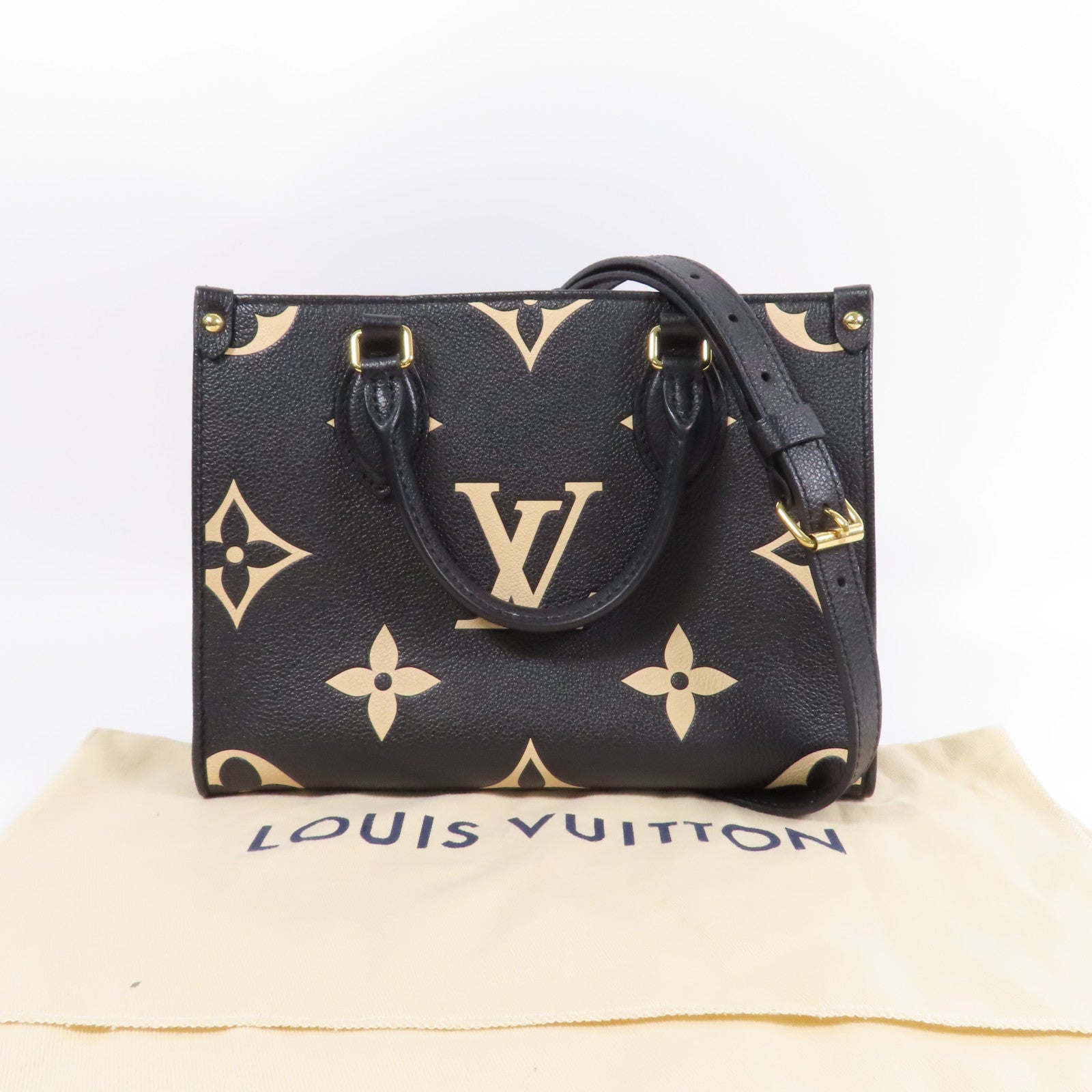 LOUIS VUITTON Monogram Empreinte On The Go PM金扣手挽肩背兩用袋黑色/米色