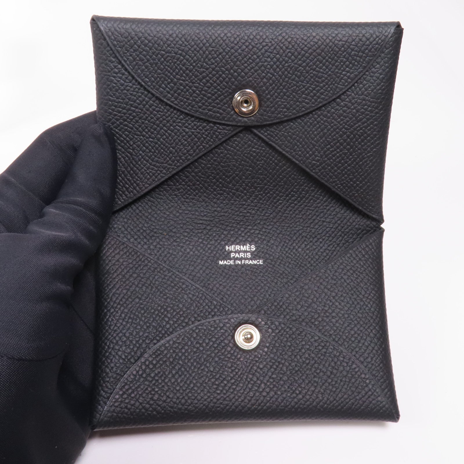 HERMES Epsom皮革Calvi銀扣零錢包Noir