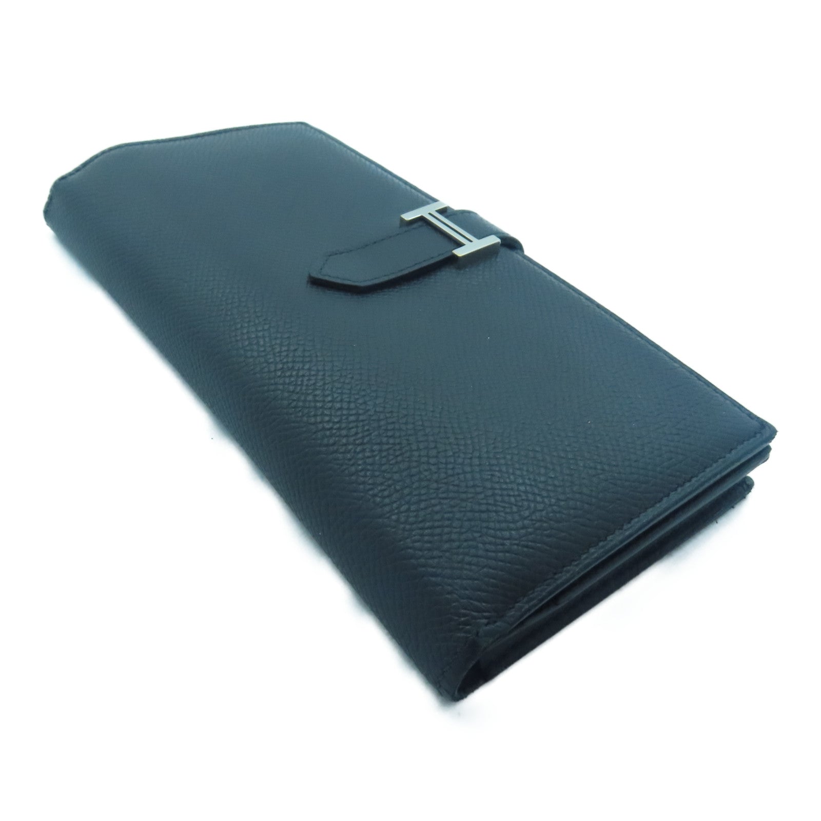 HERMES Epsom皮革Bearn W Snap銀扣長錢包Noir/黑色