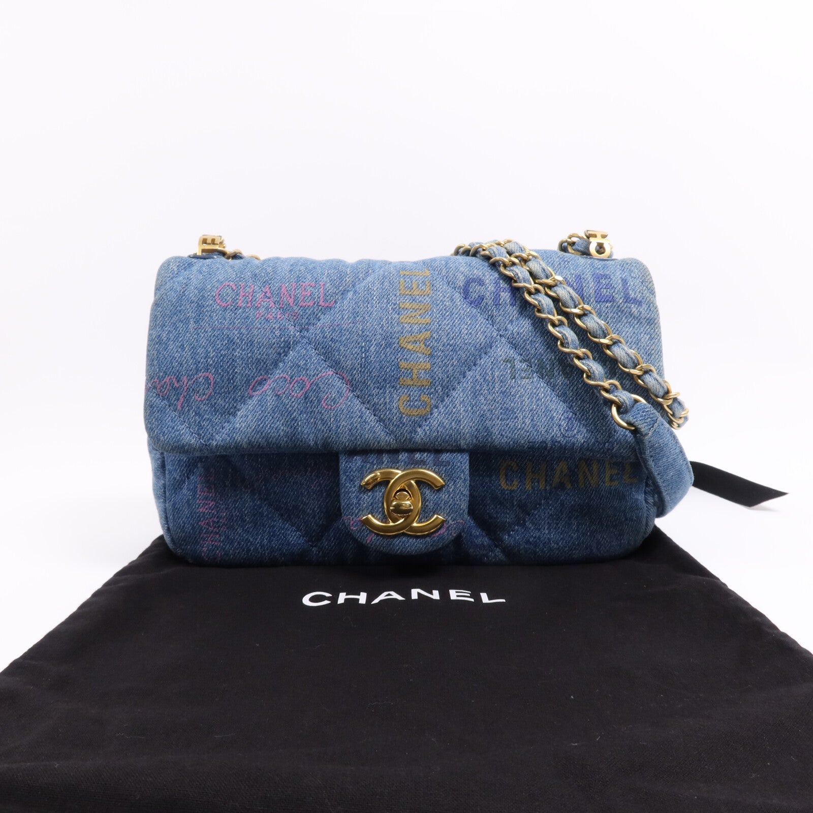 CHANEL 牛仔布Chain Shoulder Bag金扣鏈帶肩背袋