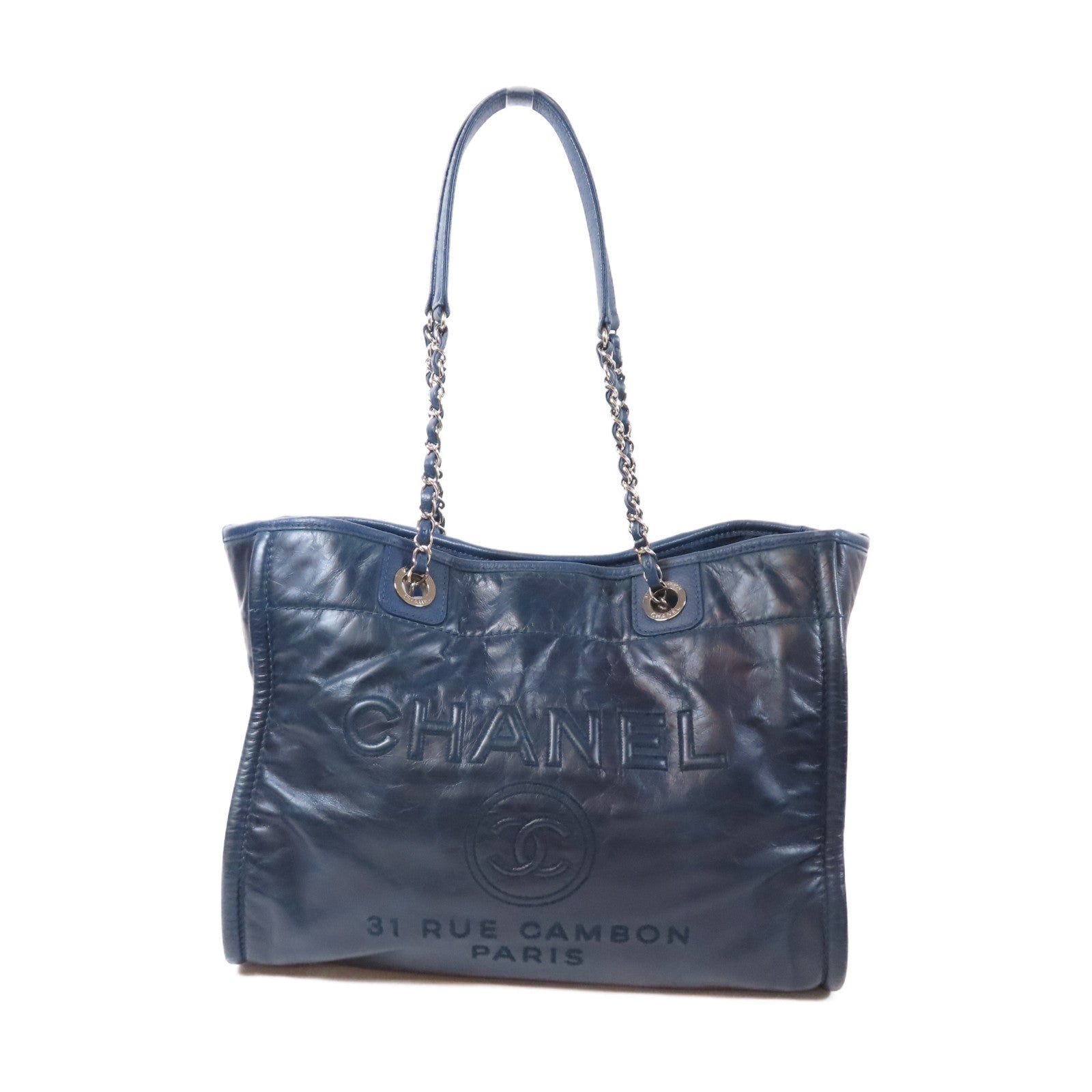 CHANEL 【激減優惠】牛皮皮革Beach Tote Bag Chain Shoulder銀扣鏈帶肩背袋藍色