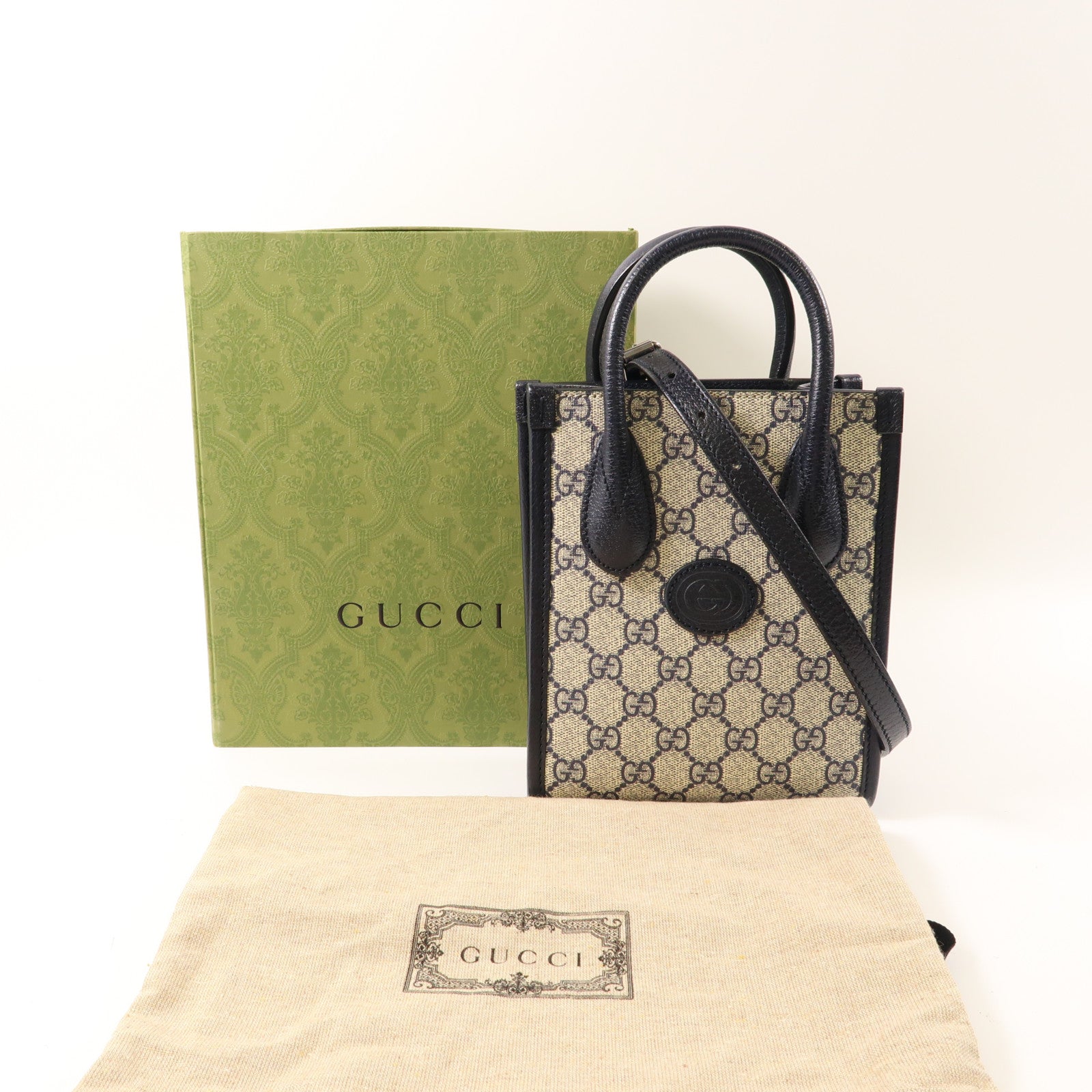GUCCI 塗層帆布Mini Tote Bag With Interlocking G銀扣手挽肩背兩用袋黑色/淺褐色