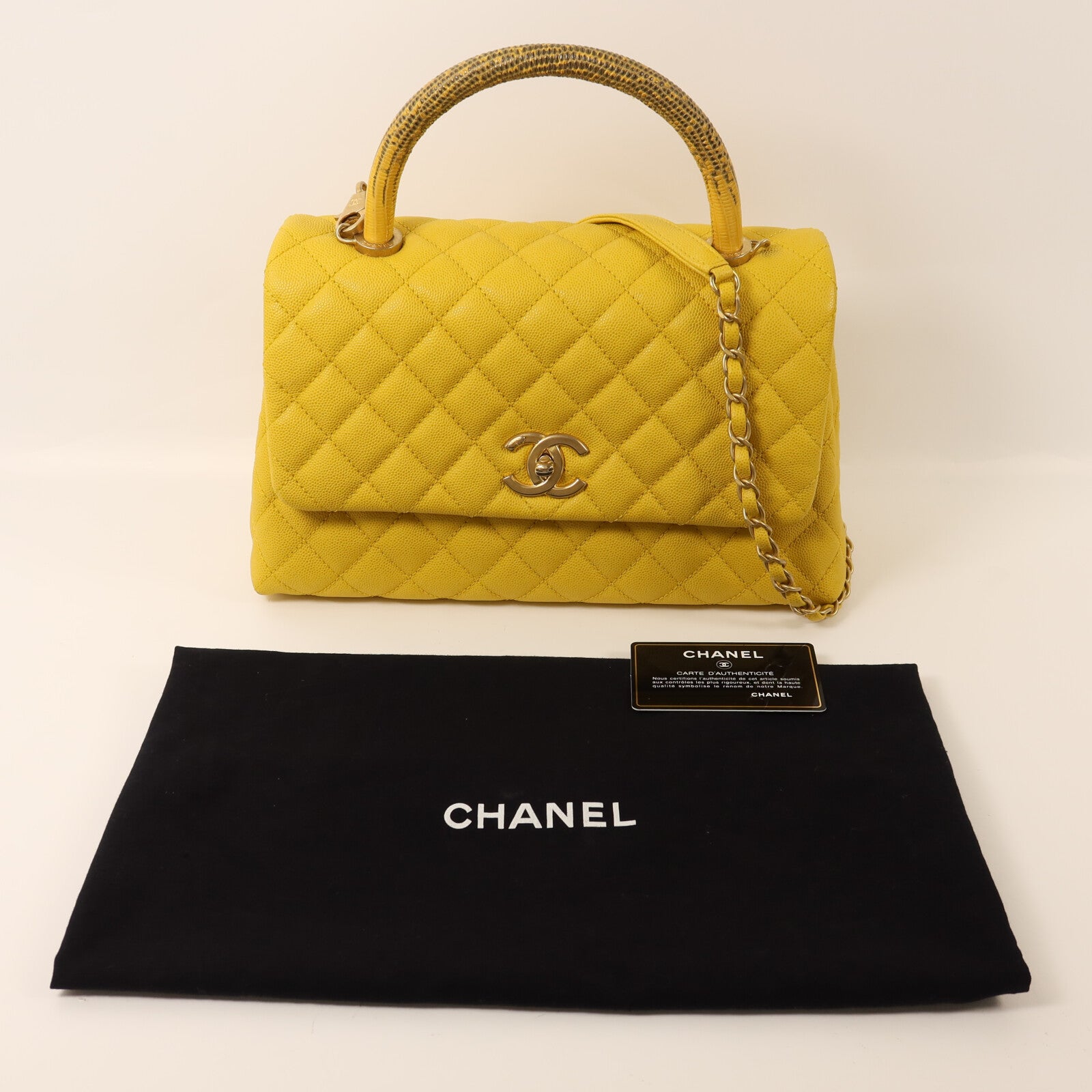 CHANEL 牛皮皮革/蜥蝪皮革Coco Handle Medium金扣鏈帶手挽肩背兩用袋