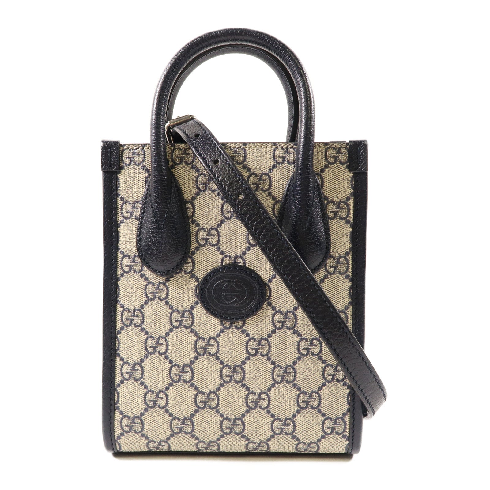 GUCCI 塗層帆布Mini Tote Bag With Interlocking G銀扣手挽肩背兩用袋黑色/淺褐色