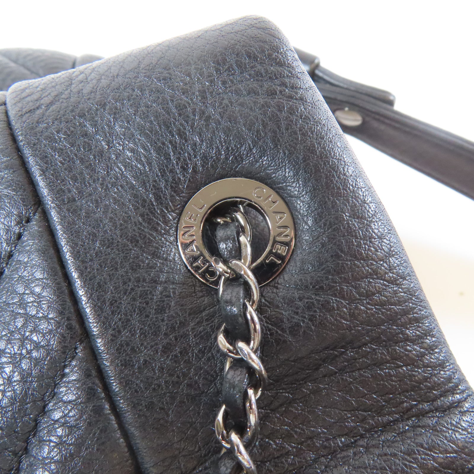 CHANEL 【激減優惠】斜紋牛皮皮革Chain Shoulder銀扣手挽肩背兩用袋黑色