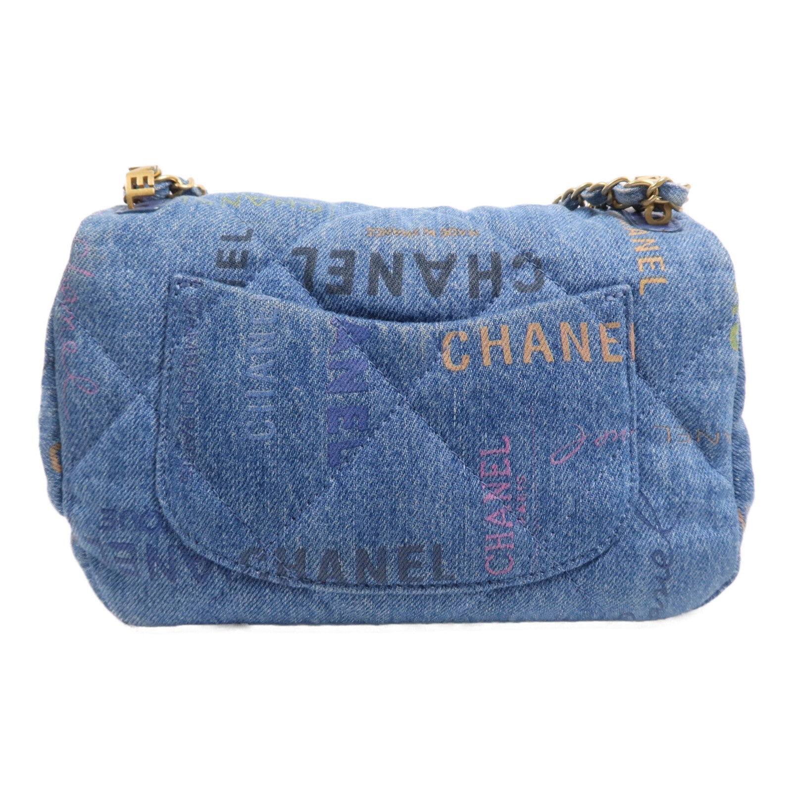 CHANEL 牛仔布Chain Shoulder Bag金扣鏈帶肩背袋