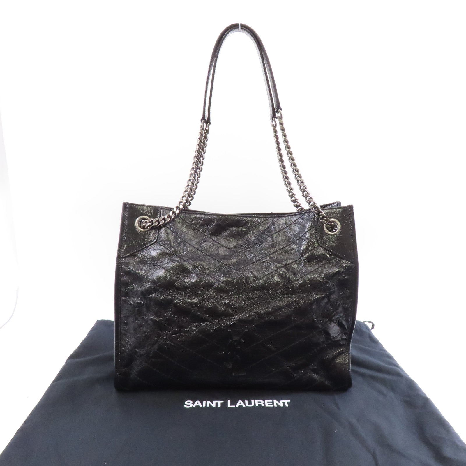 SAINT LAURENT 牛皮皮革Shoulder Bag銀扣鏈帶肩背袋黑色