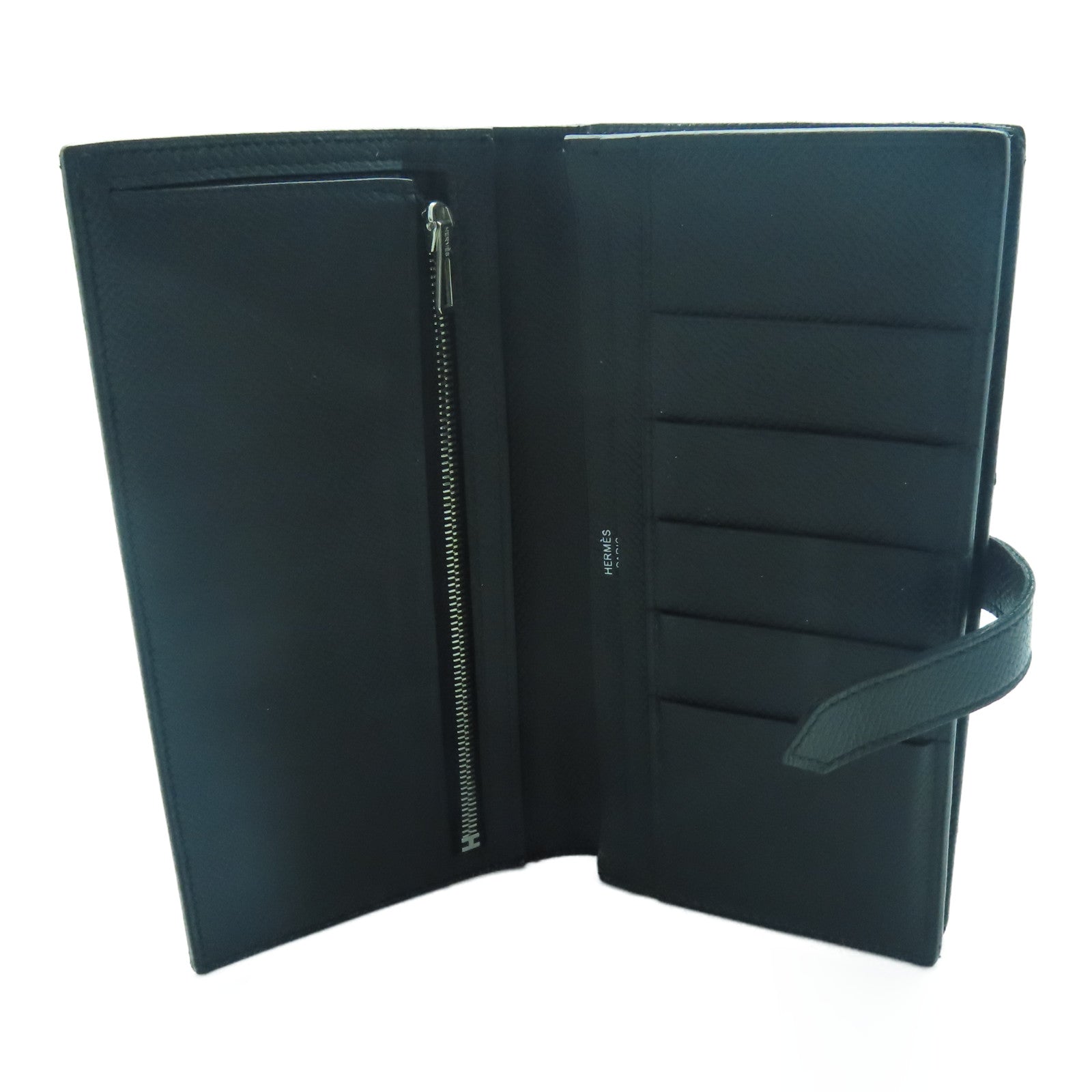 HERMES Epsom皮革Bearn W Snap銀扣長錢包Noir/黑色