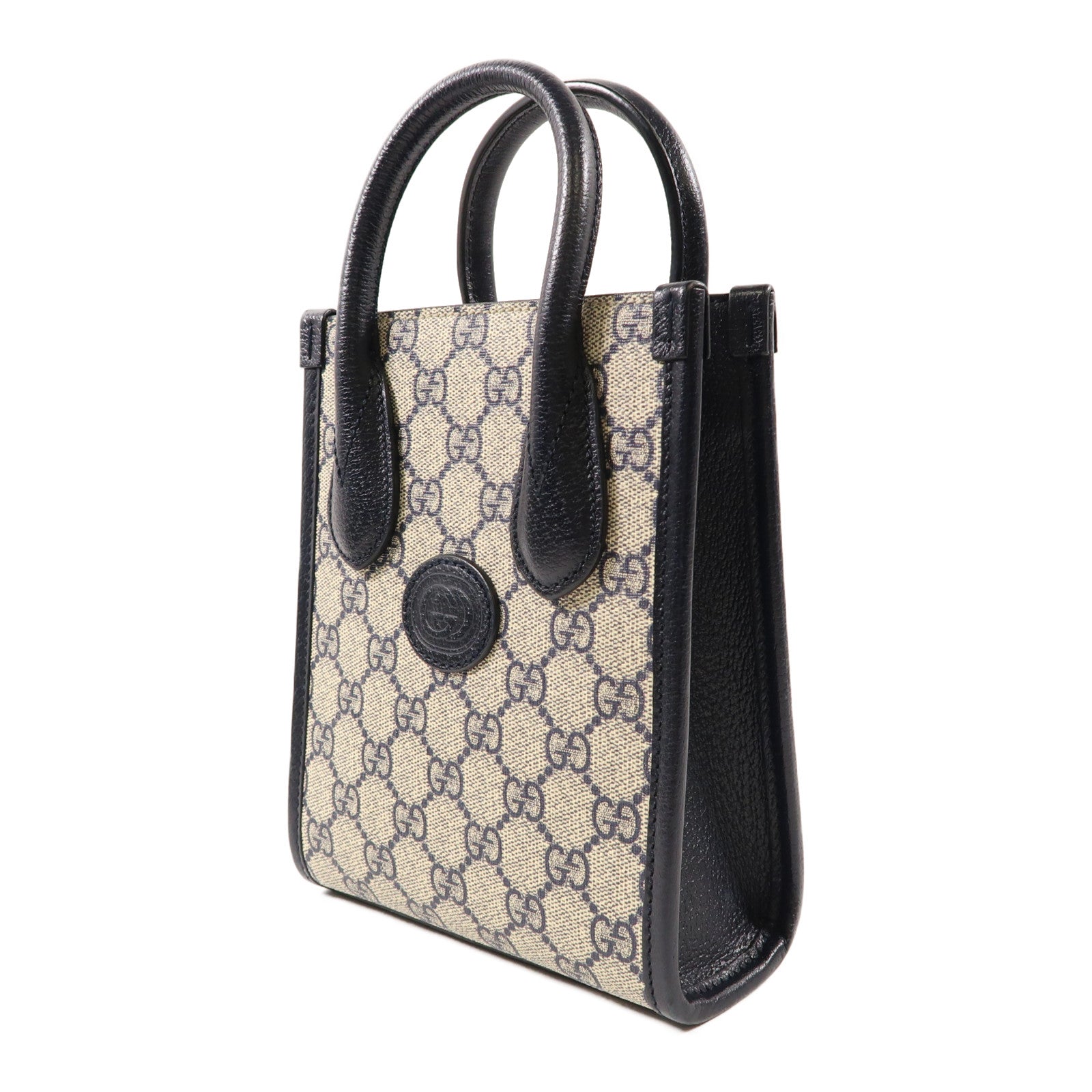 GUCCI 塗層帆布Mini Tote Bag With Interlocking G銀扣手挽肩背兩用袋黑色/淺褐色