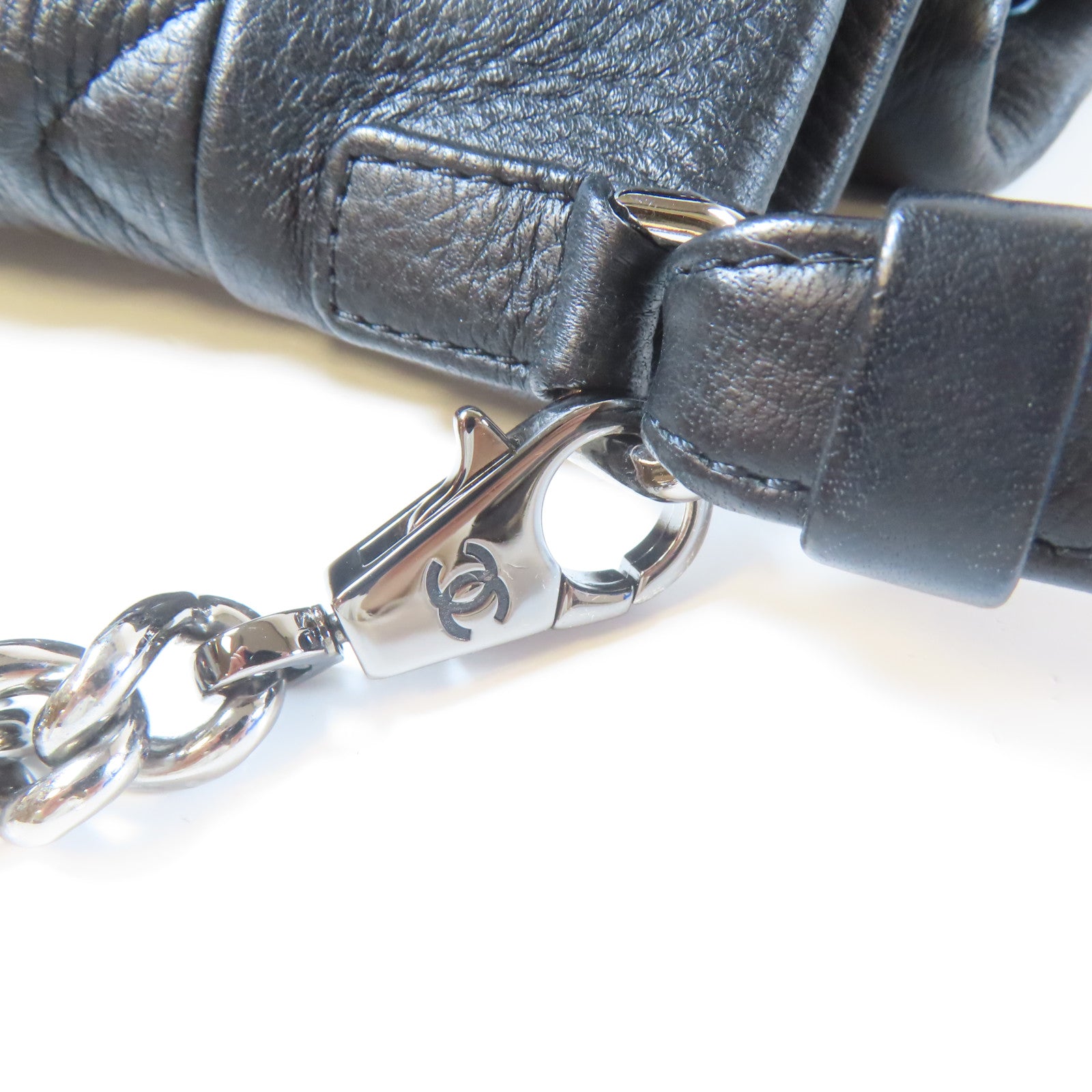 CHANEL 【激減優惠】斜紋牛皮皮革Chain Shoulder銀扣手挽肩背兩用袋黑色