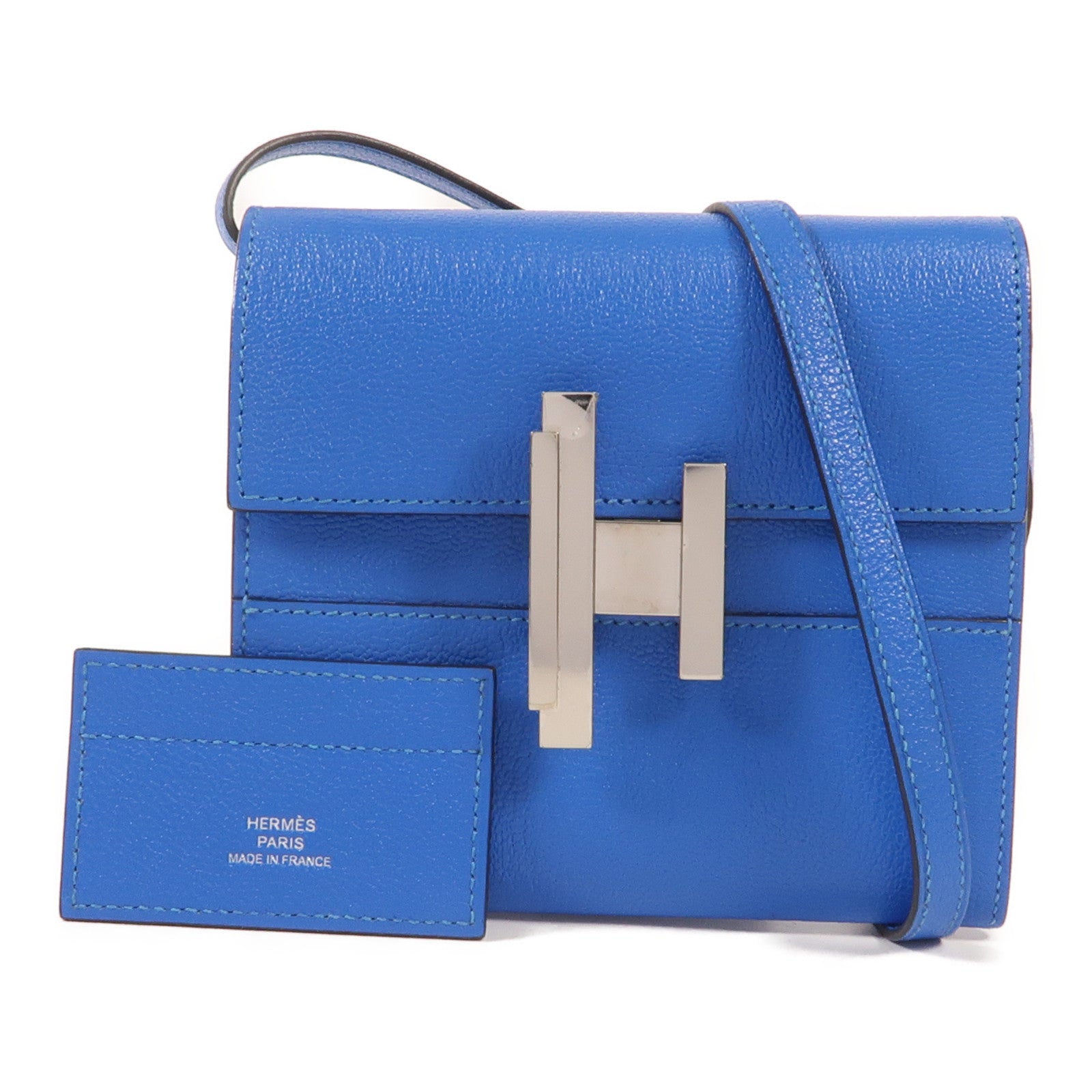 HERMES Chevre皮革Cinhetic To Go Wallet銀扣肩背袋Blue Brighton