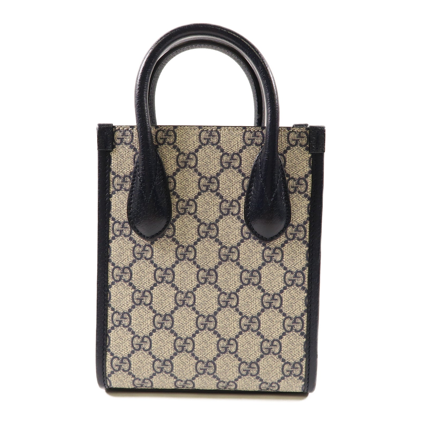 GUCCI 塗層帆布Mini Tote Bag With Interlocking G銀扣手挽肩背兩用袋黑色/淺褐色