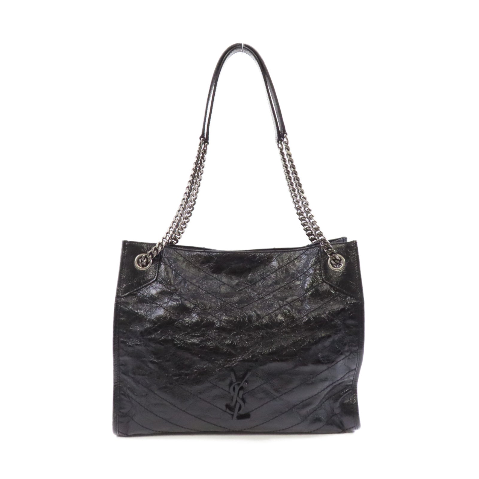 SAINT LAURENT 牛皮皮革Shoulder Bag銀扣鏈帶肩背袋黑色