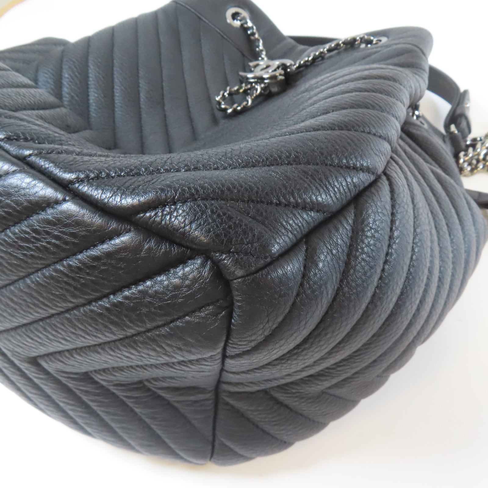 CHANEL 【激減優惠】斜紋牛皮皮革Chain Shoulder銀扣手挽肩背兩用袋黑色