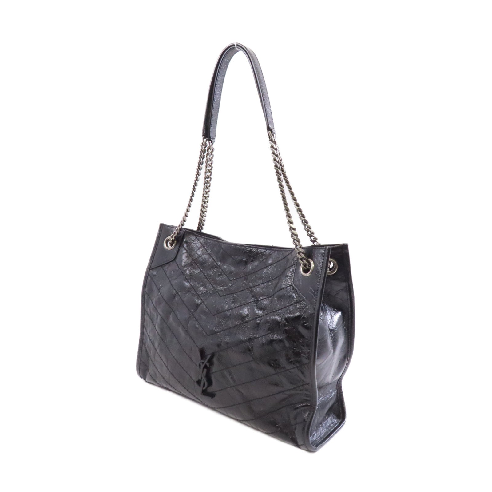 SAINT LAURENT 牛皮皮革Shoulder Bag銀扣鏈帶肩背袋黑色