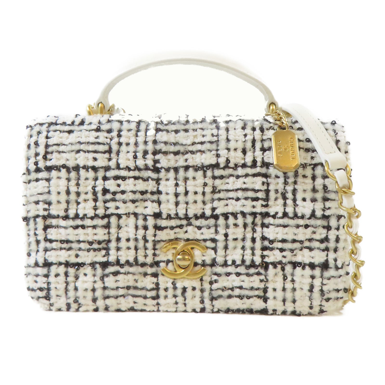 CHANEL 【激減優惠】斜紋軟呢2 Way Shoulder Bag金扣手挽肩背兩用袋黑色/白色