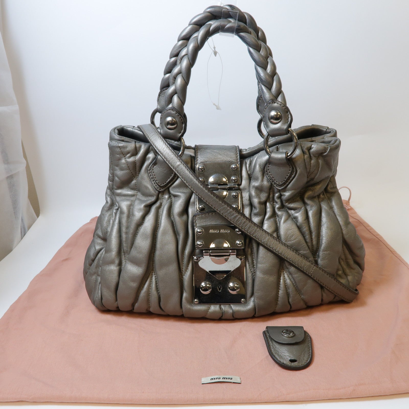 Miu Miu 【激減優惠】牛皮皮革2 Way Shoulder bag銀扣手挽肩背兩用袋銀色