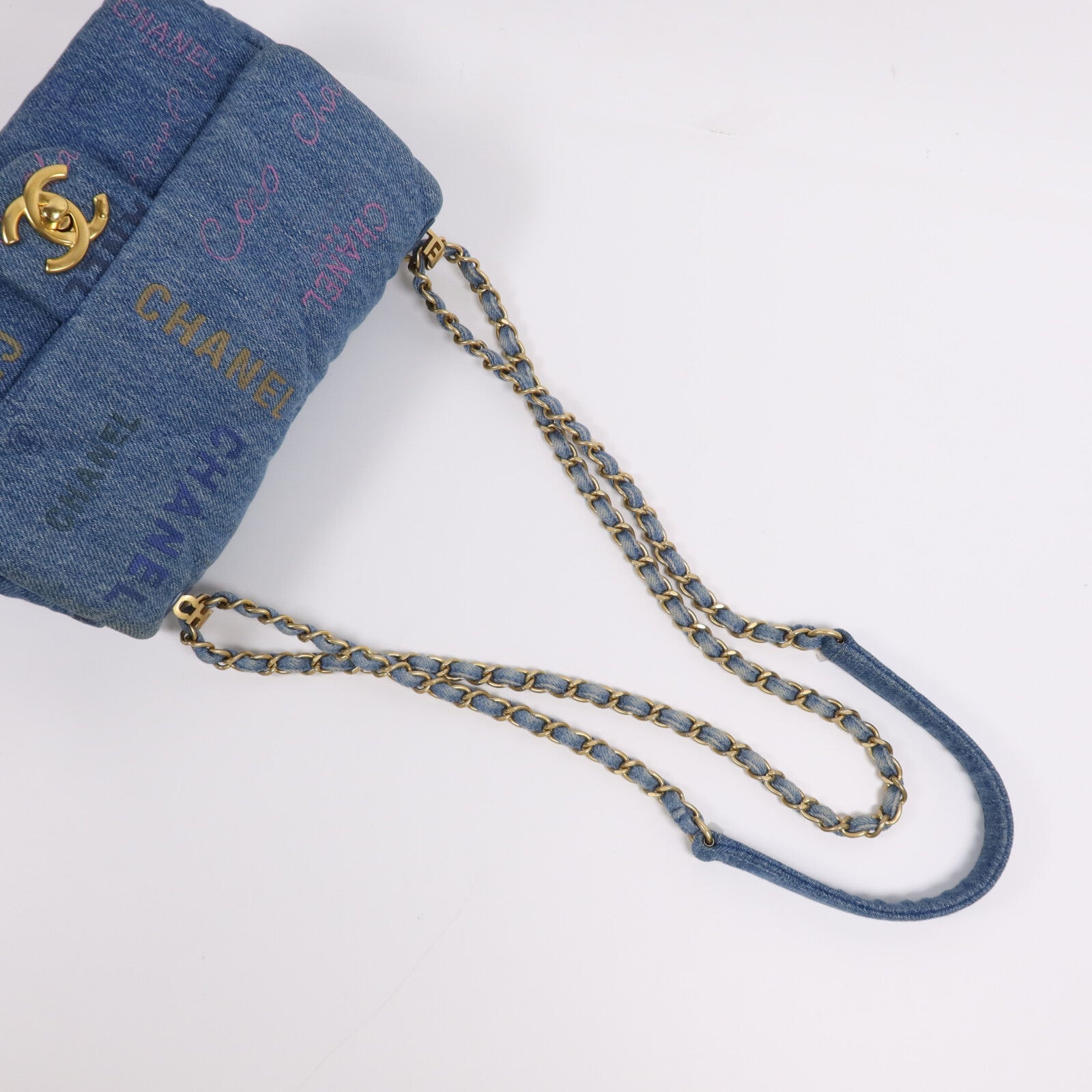 CHANEL 牛仔布Chain Shoulder Bag金扣鏈帶肩背袋