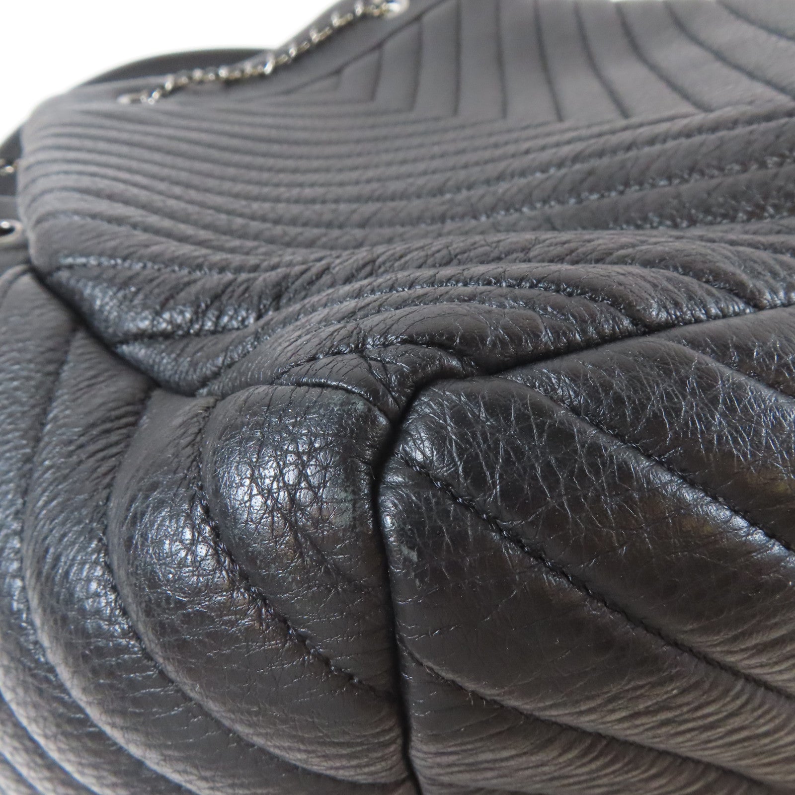 CHANEL 【激減優惠】斜紋牛皮皮革Chain Shoulder銀扣手挽肩背兩用袋黑色