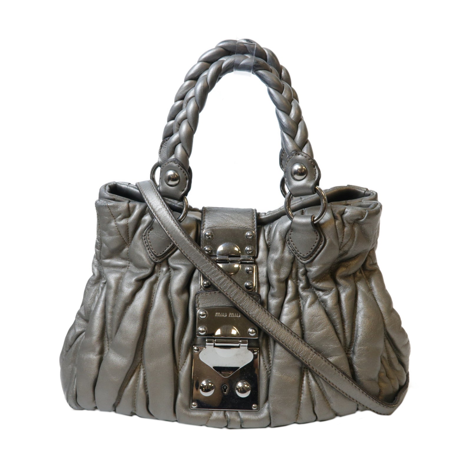 Miu Miu 【激減優惠】牛皮皮革2 Way Shoulder bag銀扣手挽肩背兩用袋銀色