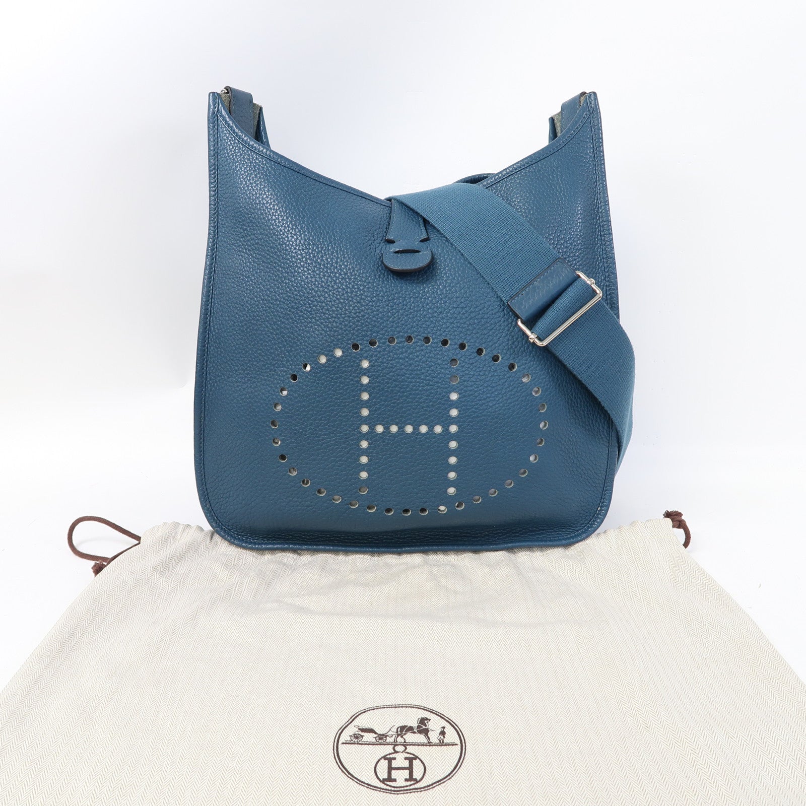 HERMES Clemence皮革Evelyne GM銀扣肩背袋深海藍色