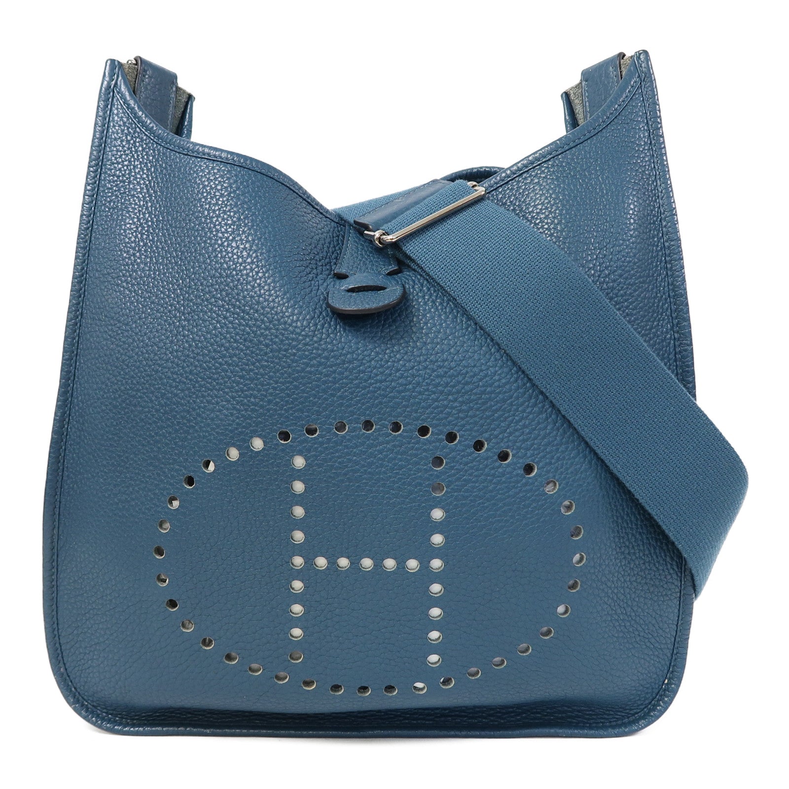 HERMES Clemence皮革Evelyne GM銀扣肩背袋深海藍色
