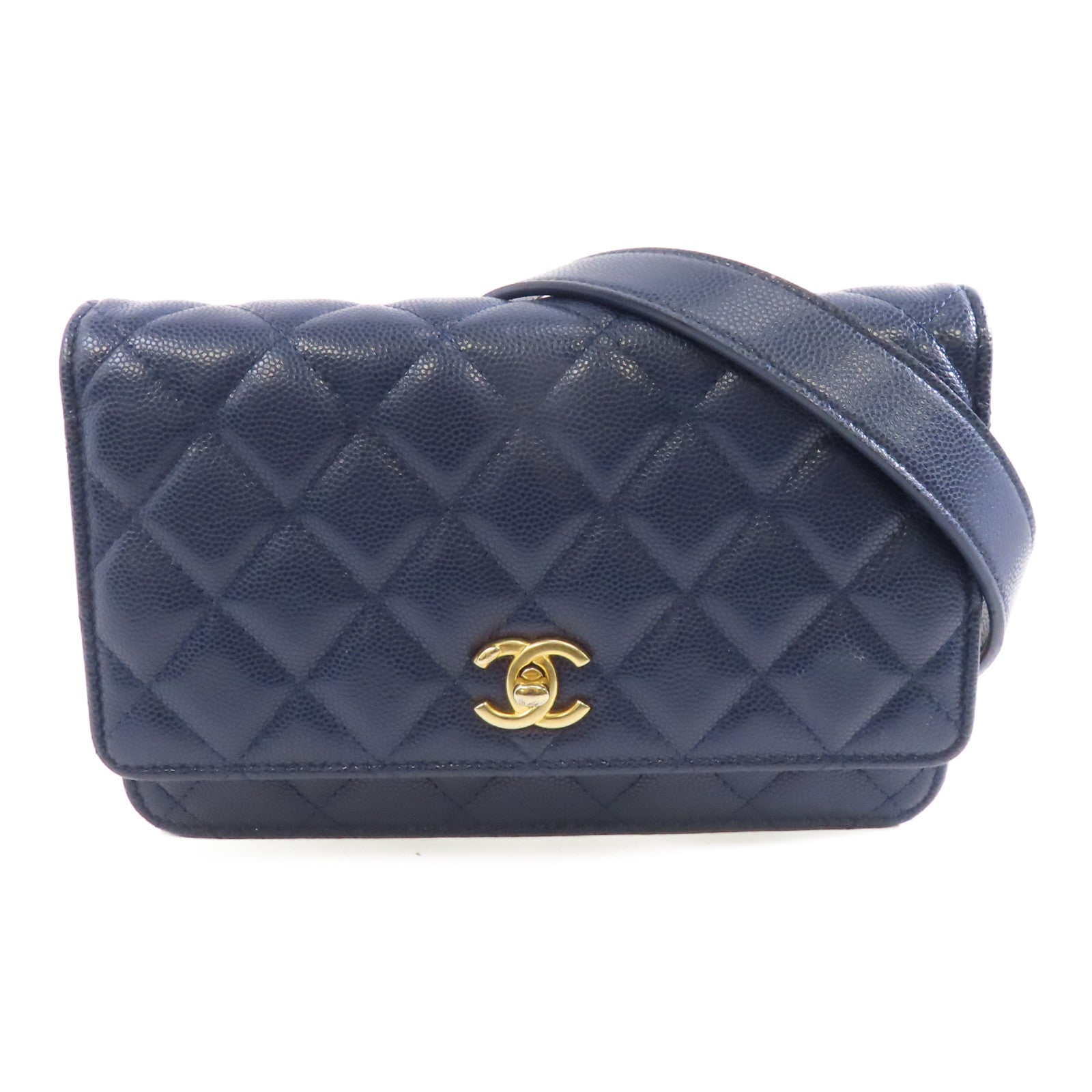 CHANEL 菱格Caviar皮革Wallet On Chain金扣鏈帶肩背袋深藍色