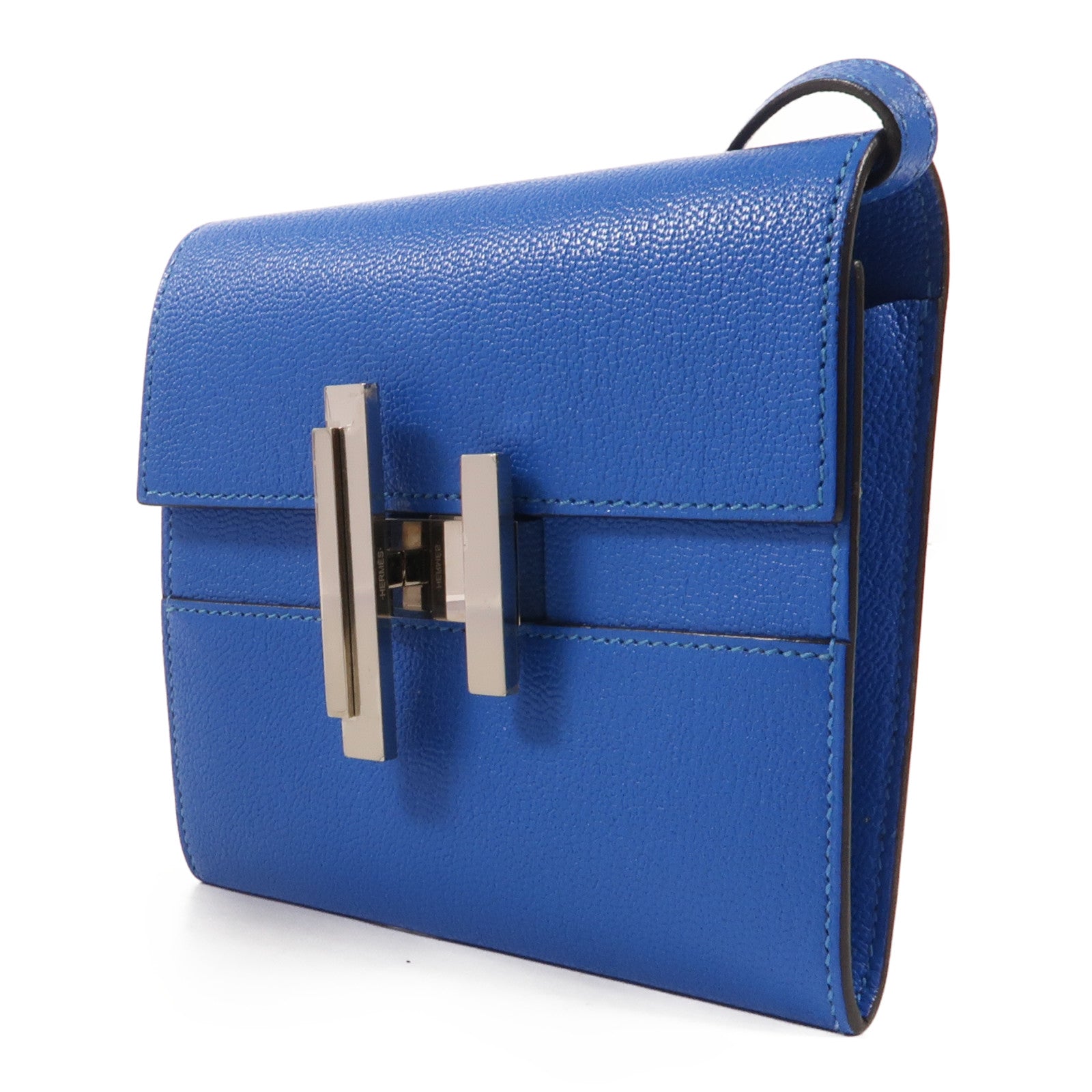 HERMES Chevre皮革Cinhetic To Go Wallet銀扣肩背袋Blue Brighton