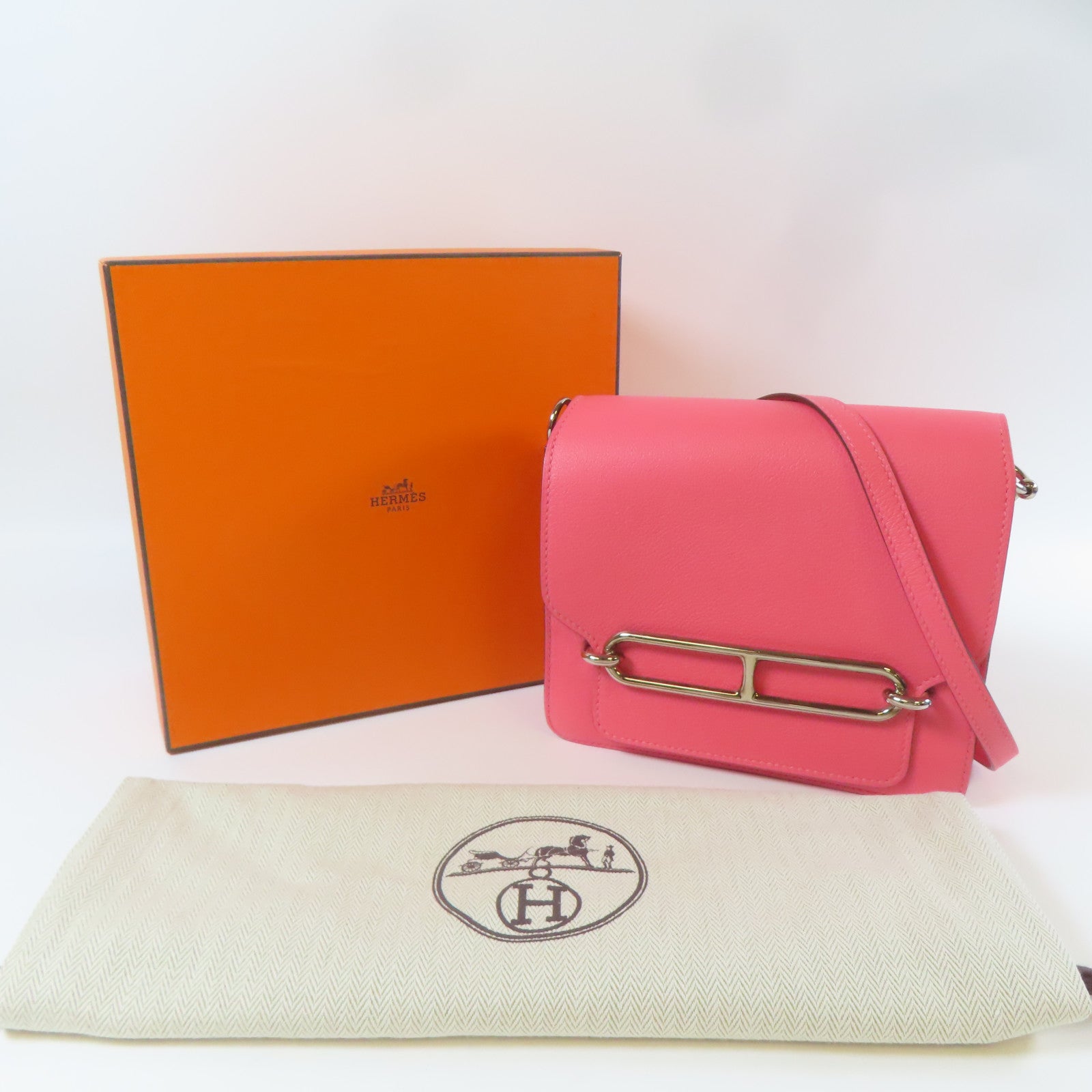 HERMES 【激減優惠】Evercolor皮革Mini Roulis銀扣肩背袋新杜鵑桃色