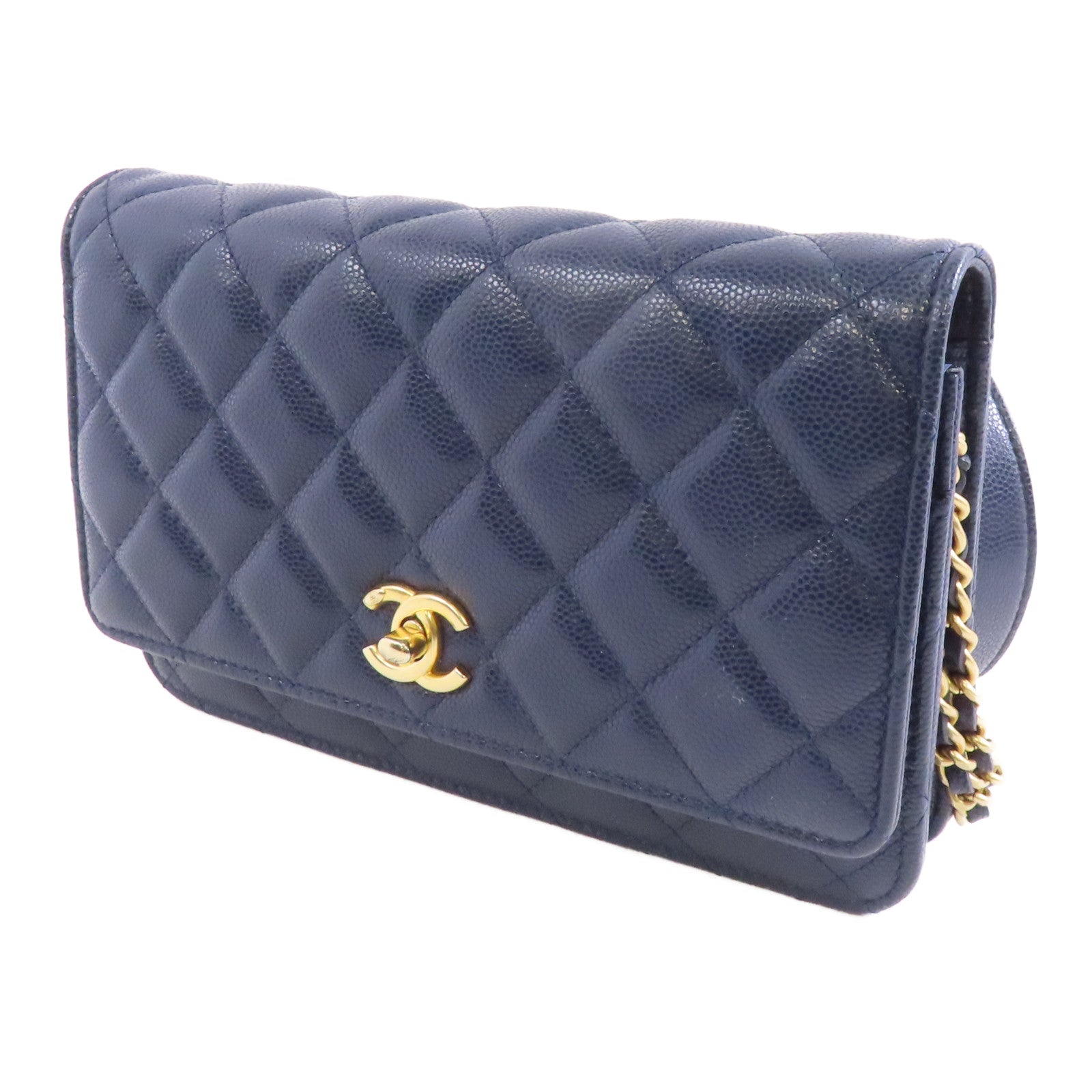 CHANEL 菱格Caviar皮革Wallet On Chain金扣鏈帶肩背袋深藍色