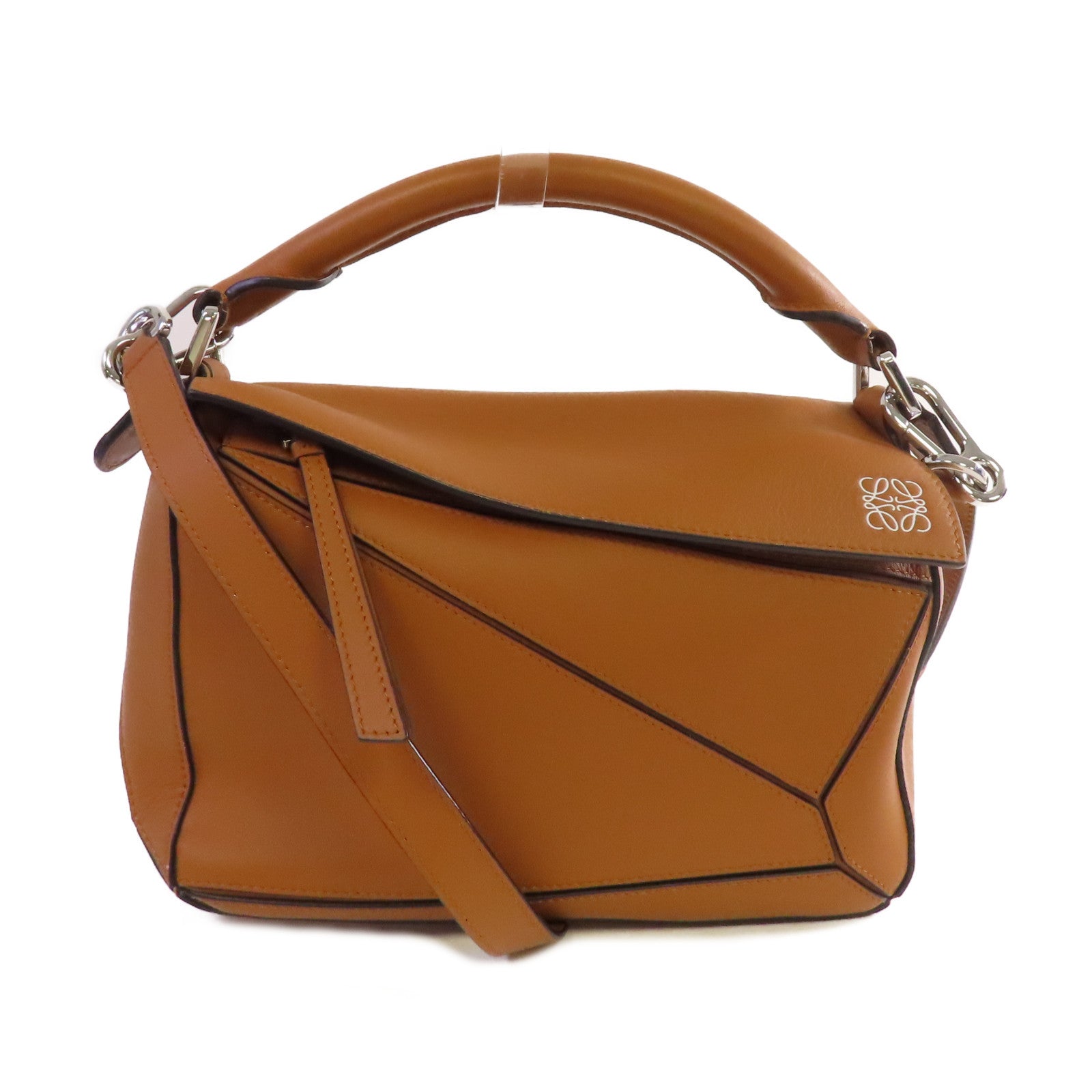 LOEWE 牛皮皮革Puzzle Bag 2Way Shoulder Bag銀扣手挽肩背兩用袋啡色