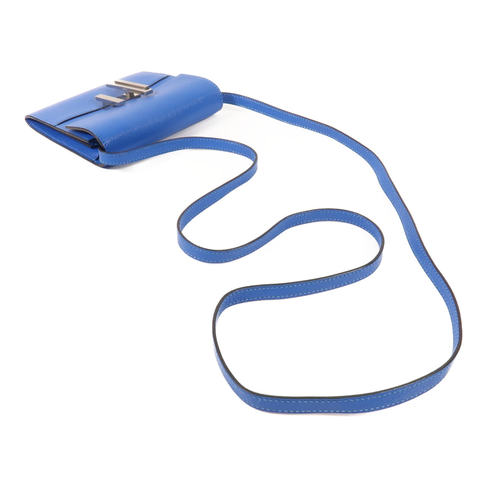 HERMES Chevre皮革Cinhetic To Go Wallet銀扣肩背袋Blue Brighton