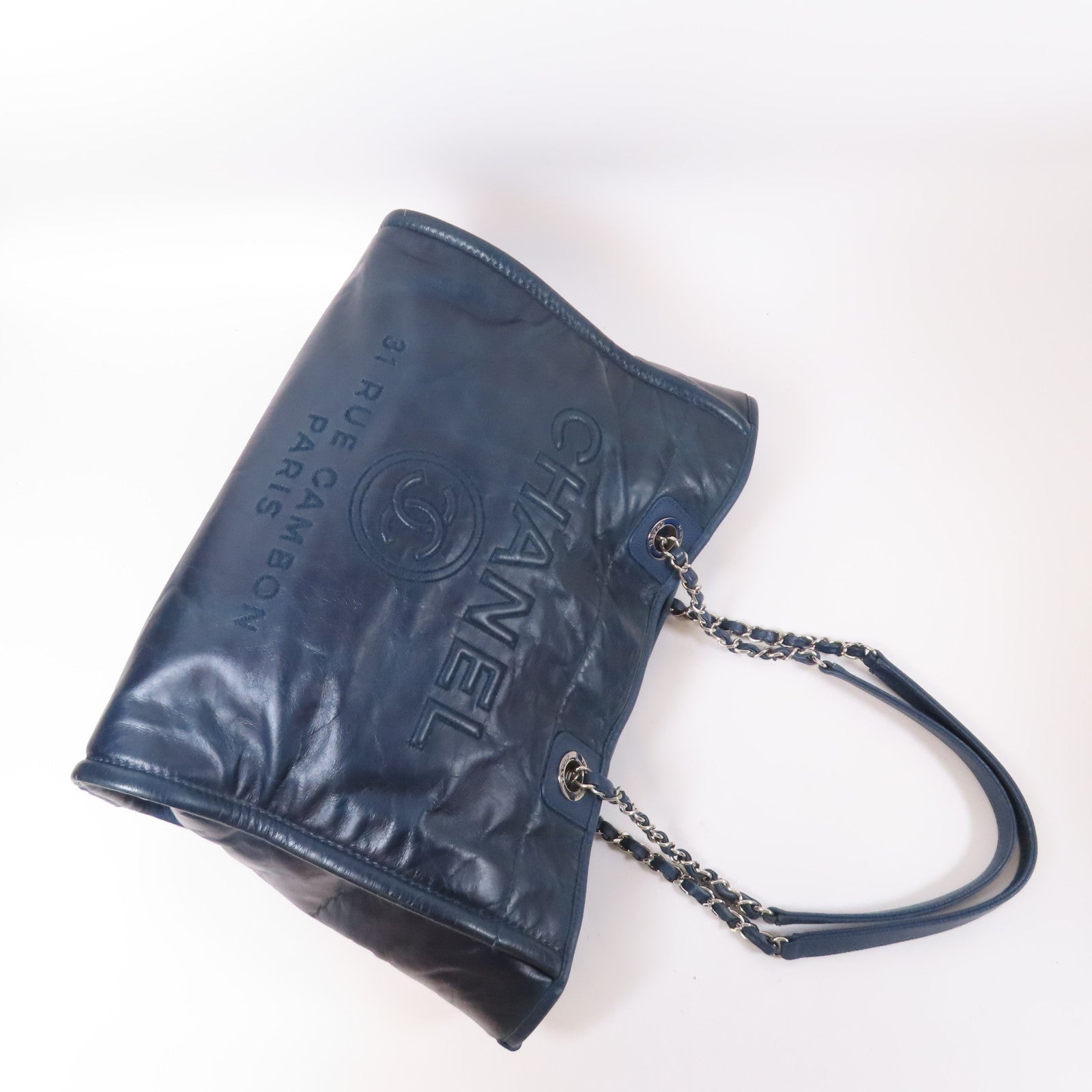 CHANEL 【激減優惠】牛皮皮革Beach Tote Bag Chain Shoulder銀扣鏈帶肩背袋藍色