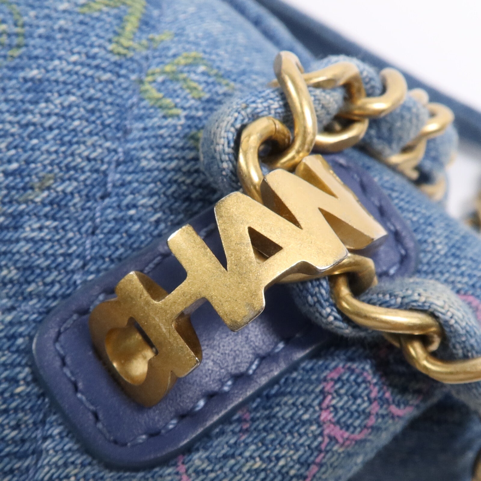 CHANEL 牛仔布Chain Shoulder Bag金扣鏈帶肩背袋