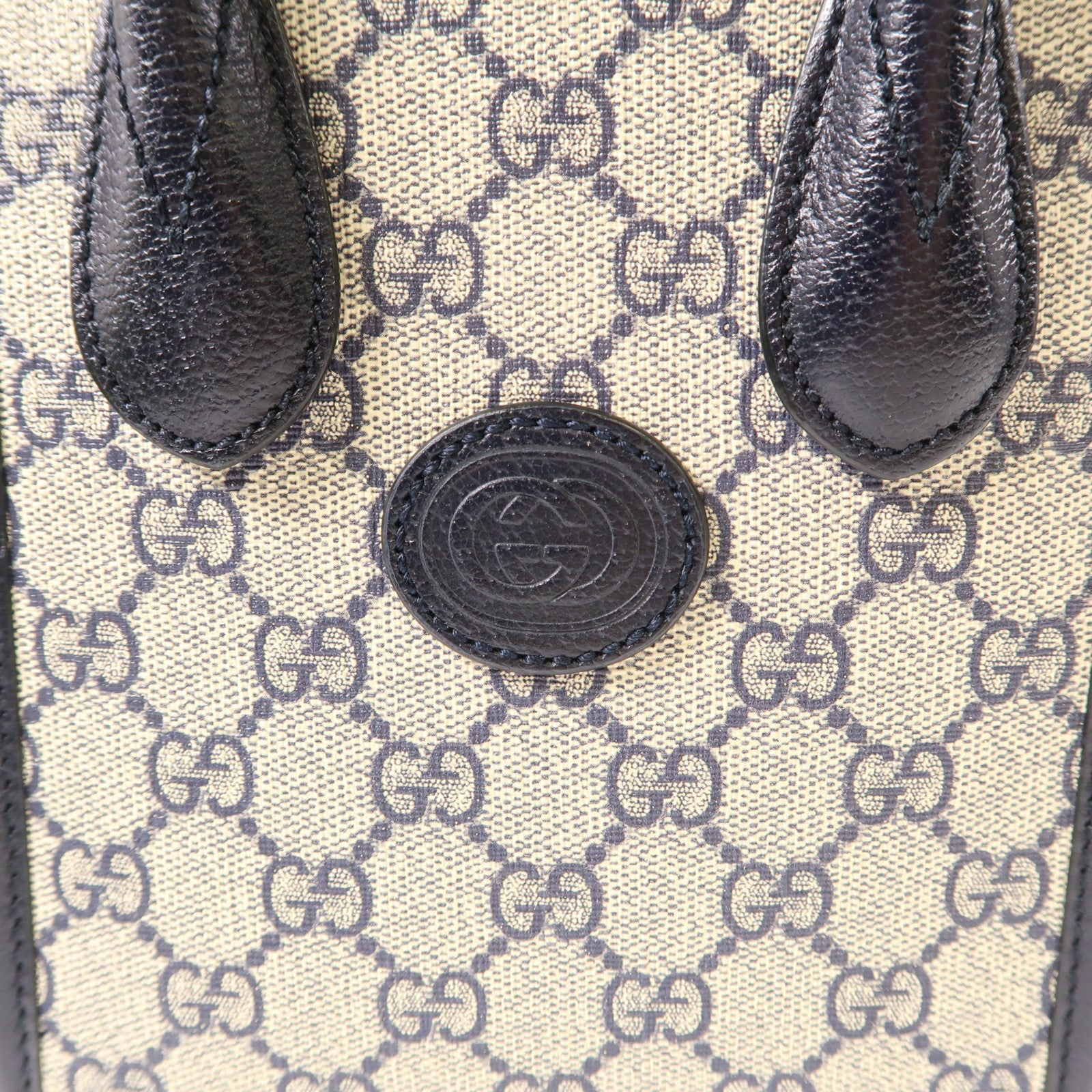 GUCCI 塗層帆布Mini Tote Bag With Interlocking G銀扣手挽肩背兩用袋黑色/淺褐色