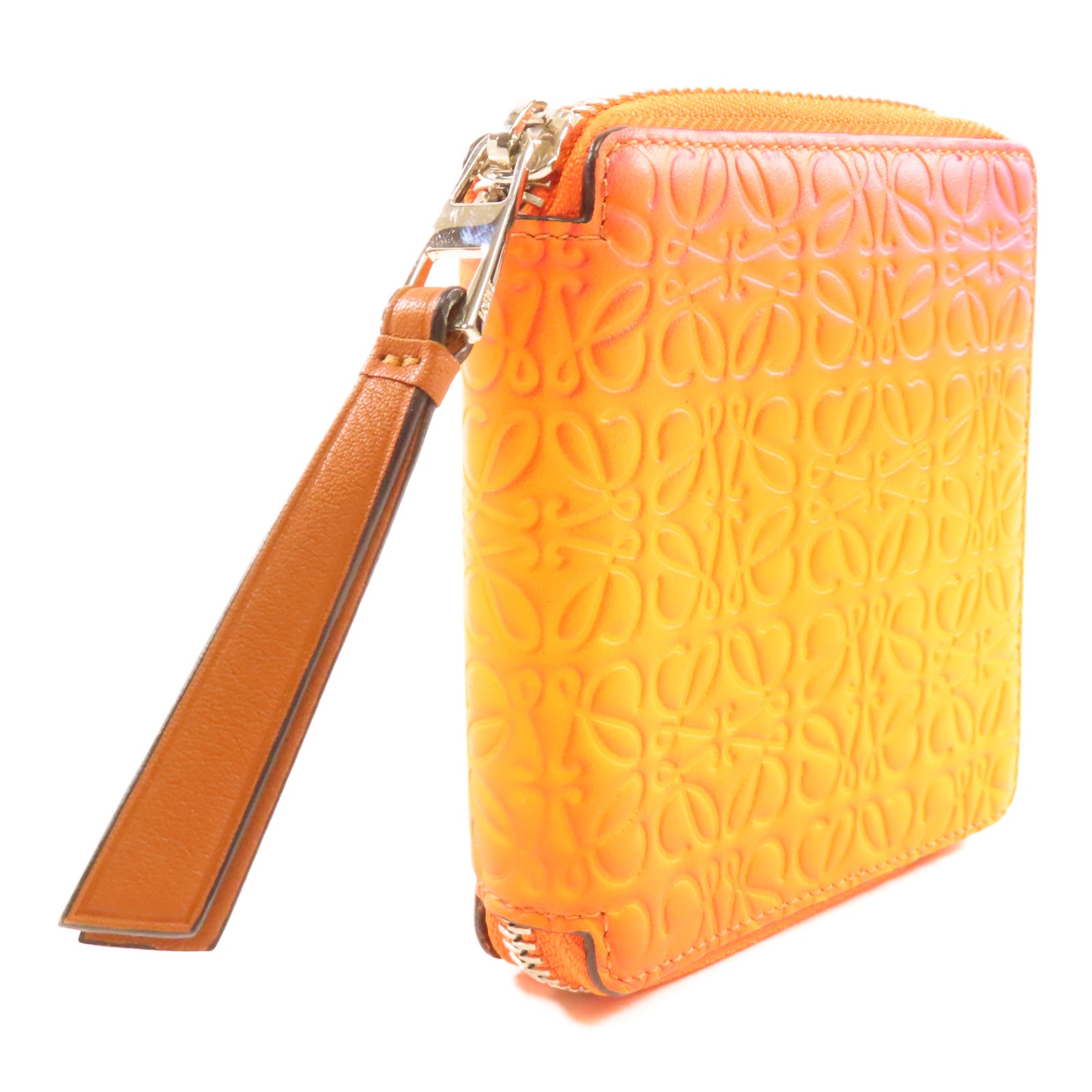 LOEWE 牛皮皮革Zipper Wallet銀扣錢包橙色/黄色